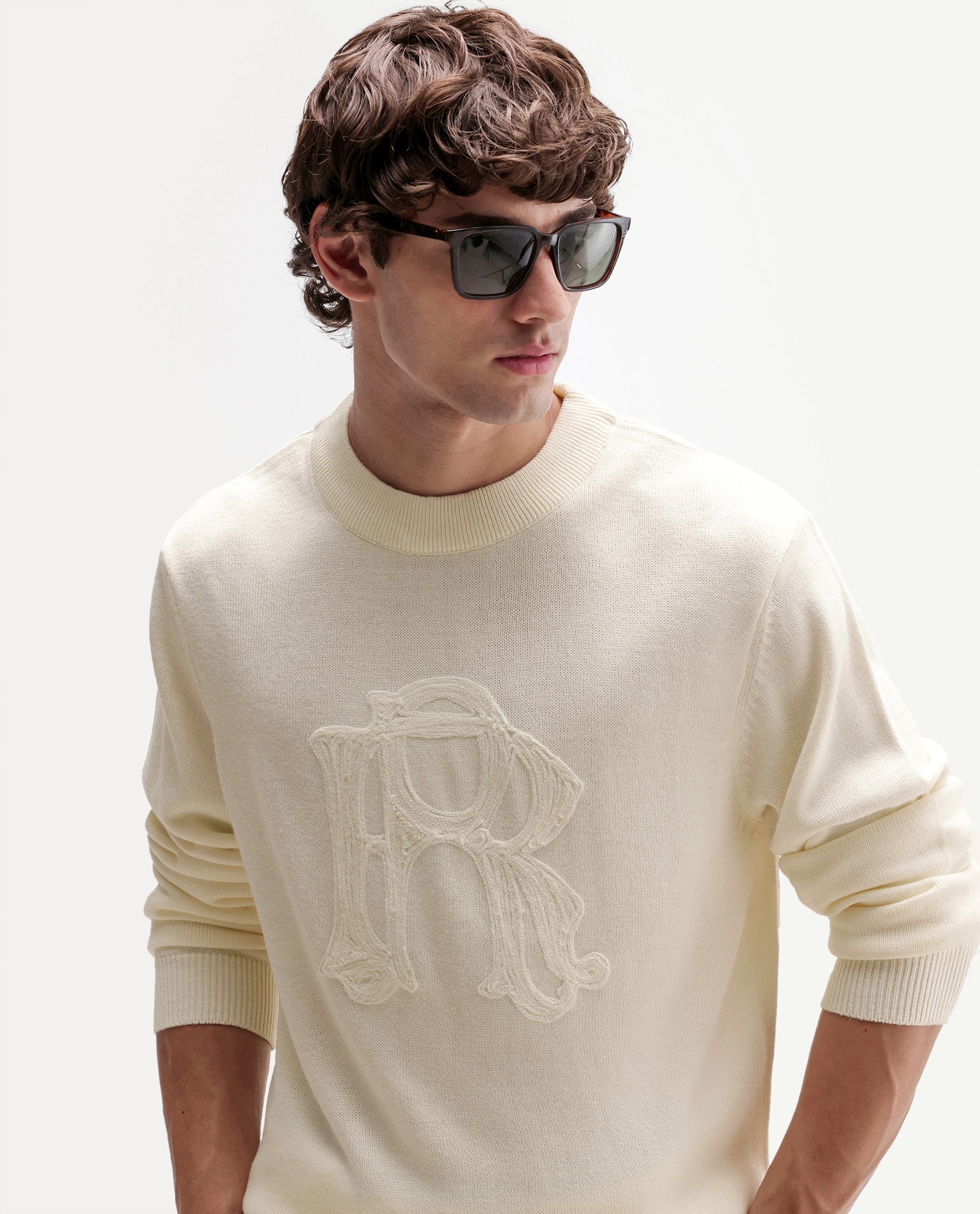 Rare Rabbit Men's Voss Off White Acrylic Regular Fit Embroidered Sweater