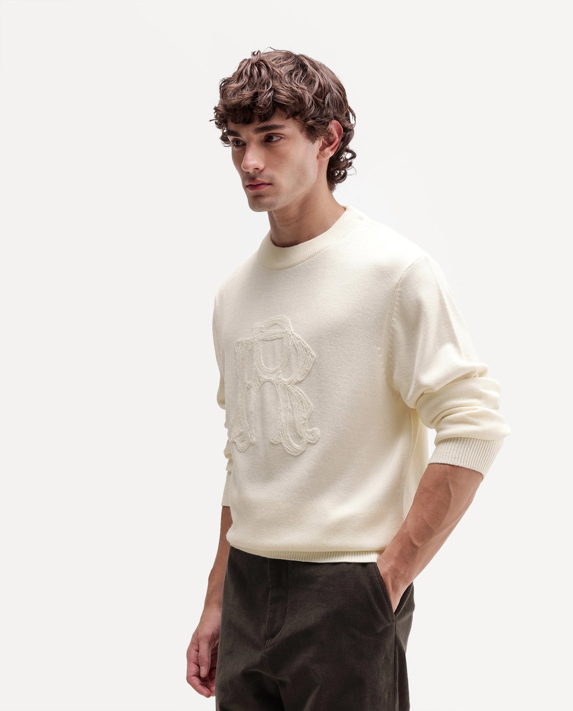 Rare Rabbit Men's Voss Off White Acrylic Regular Fit Embroidered Sweater