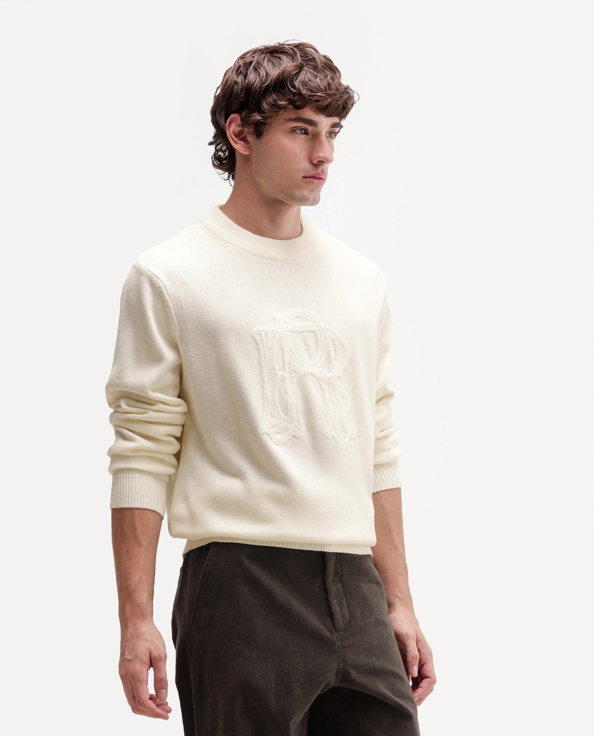Rare Rabbit Men's Voss Off White Acrylic Regular Fit Embroidered Sweater