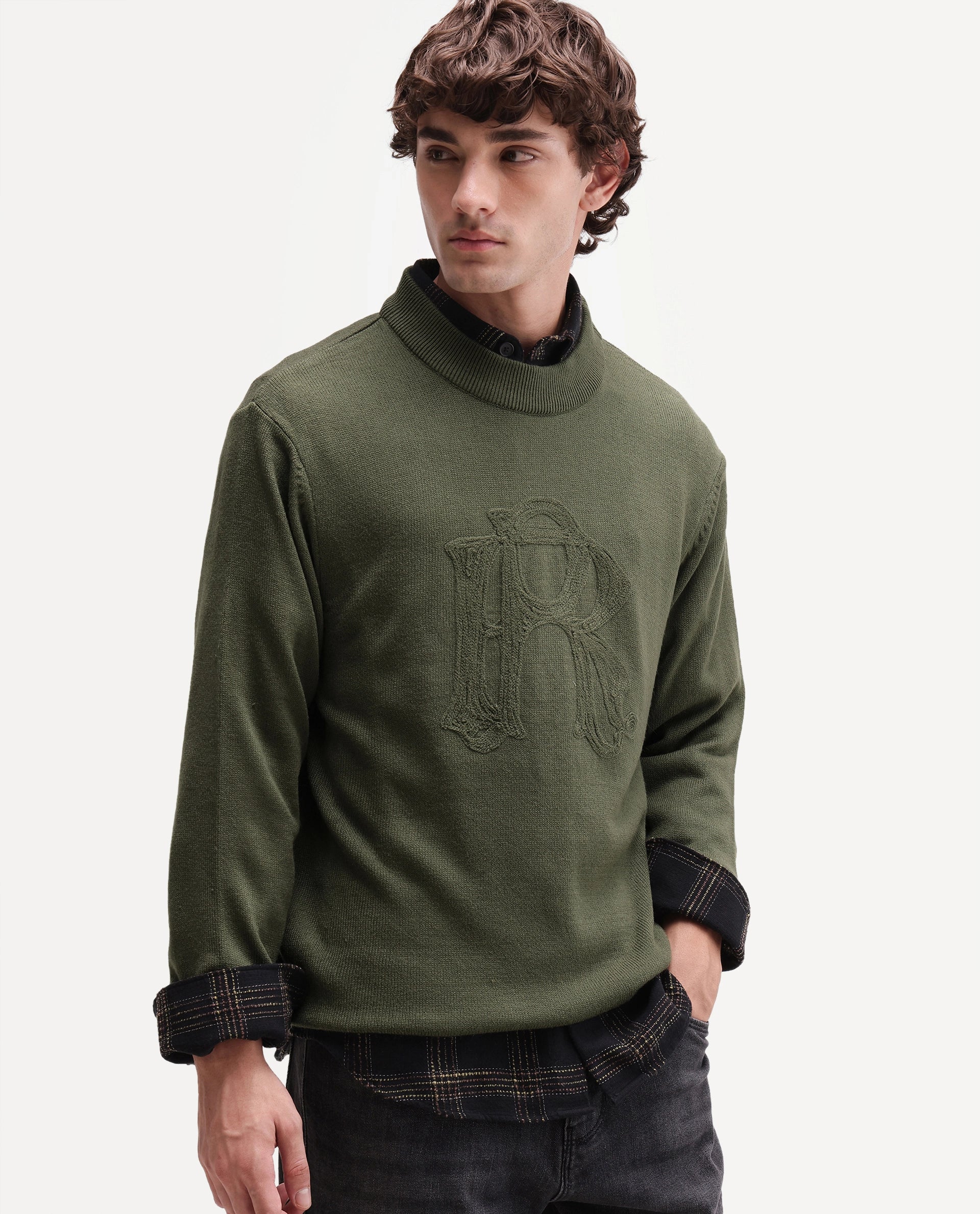 Rare Rabbit Men's Voss Olive Acrylic Regular Fit Embroidered Sweater