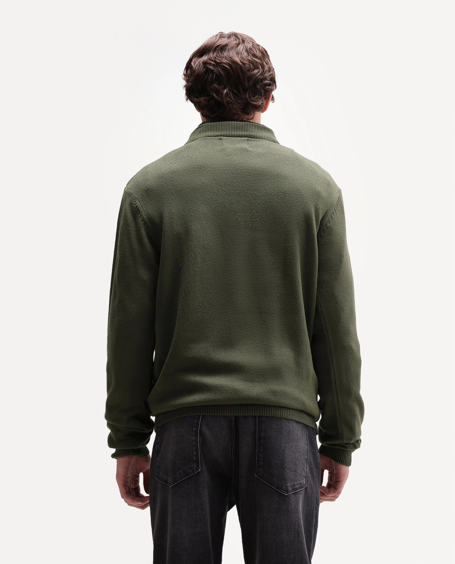 Rare Rabbit Men's Voss Olive Acrylic Regular Fit Embroidered Sweater