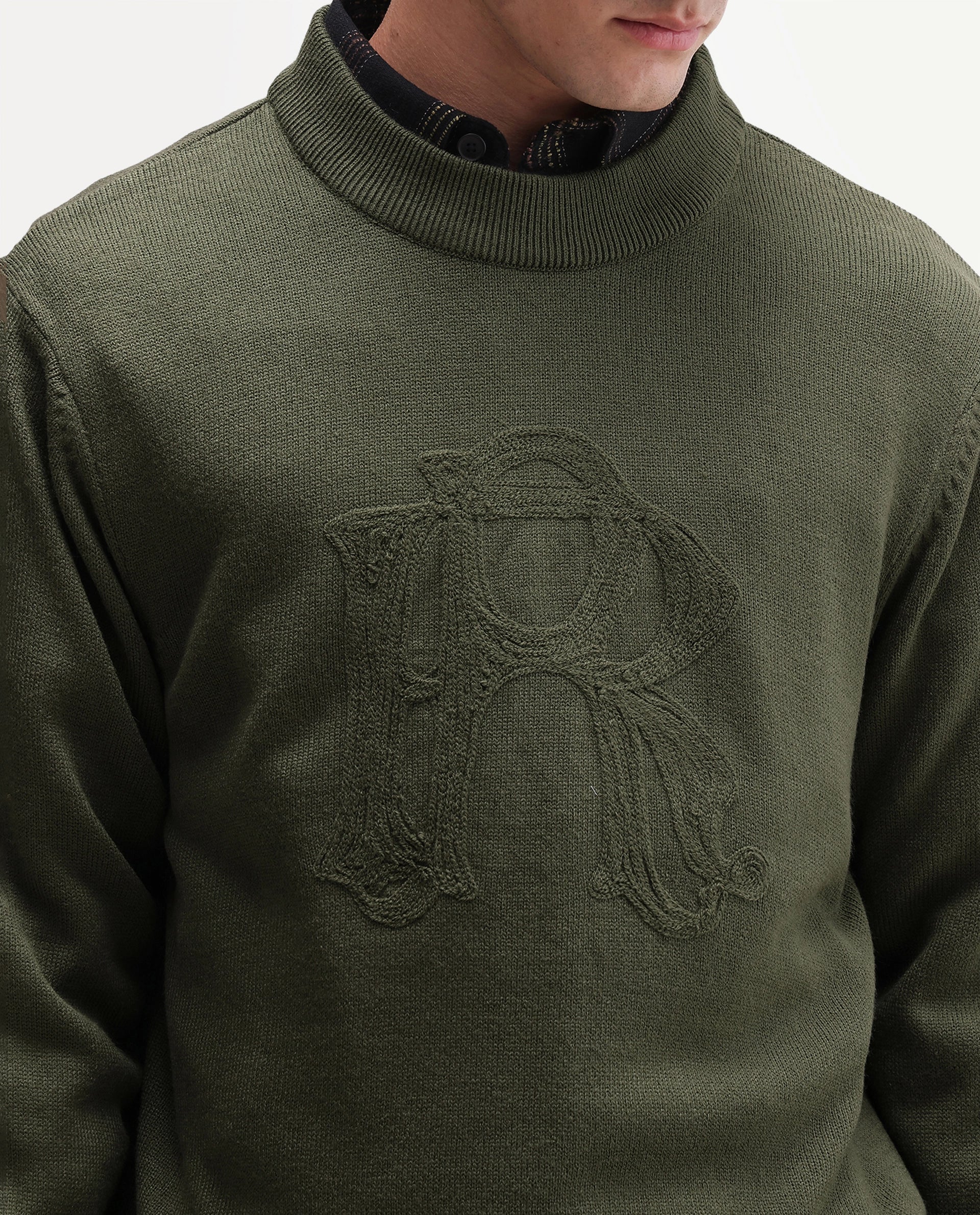 Rare Rabbit Men's Voss Olive Acrylic Regular Fit Embroidered Sweater