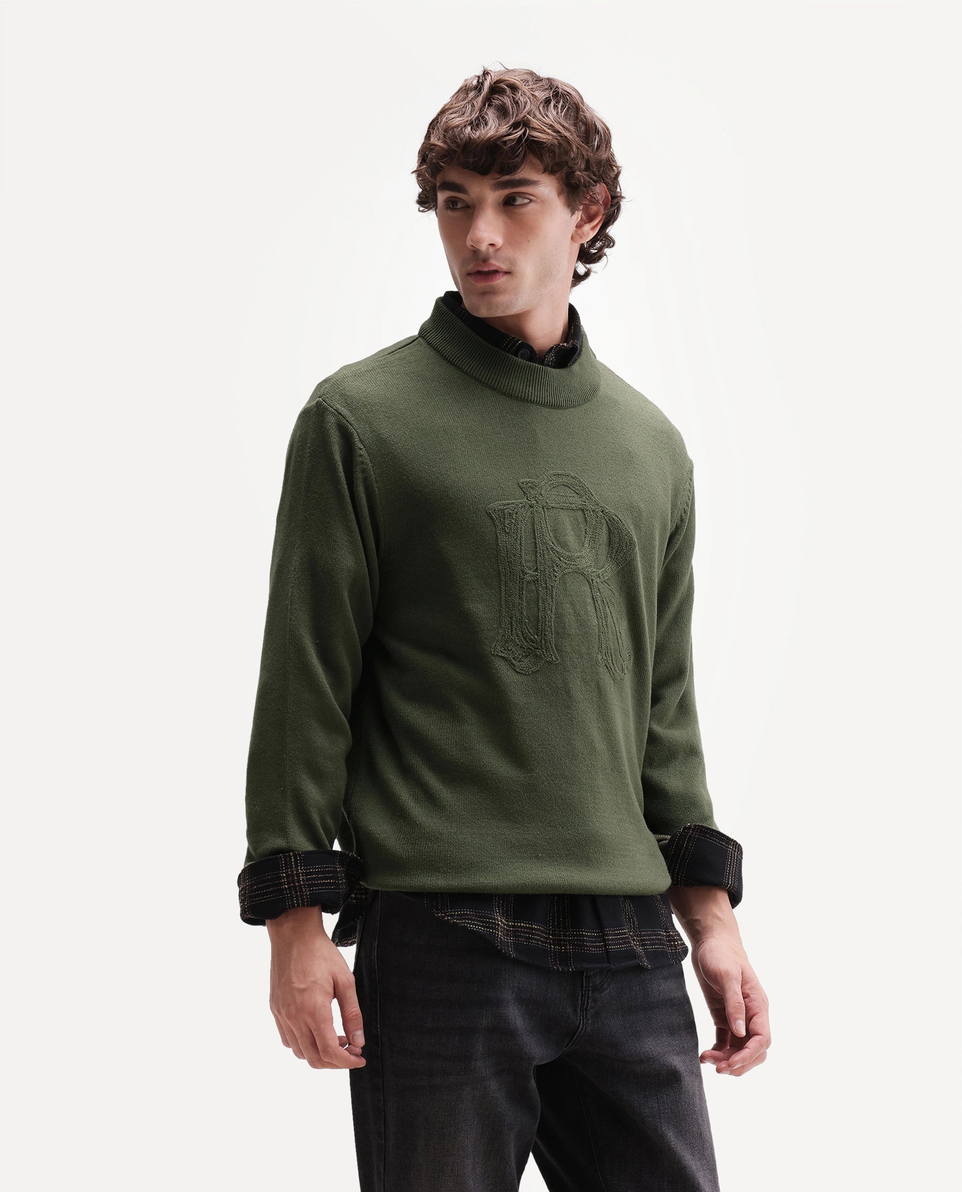 Rare Rabbit Men's Voss Olive Acrylic Regular Fit Embroidered Sweater