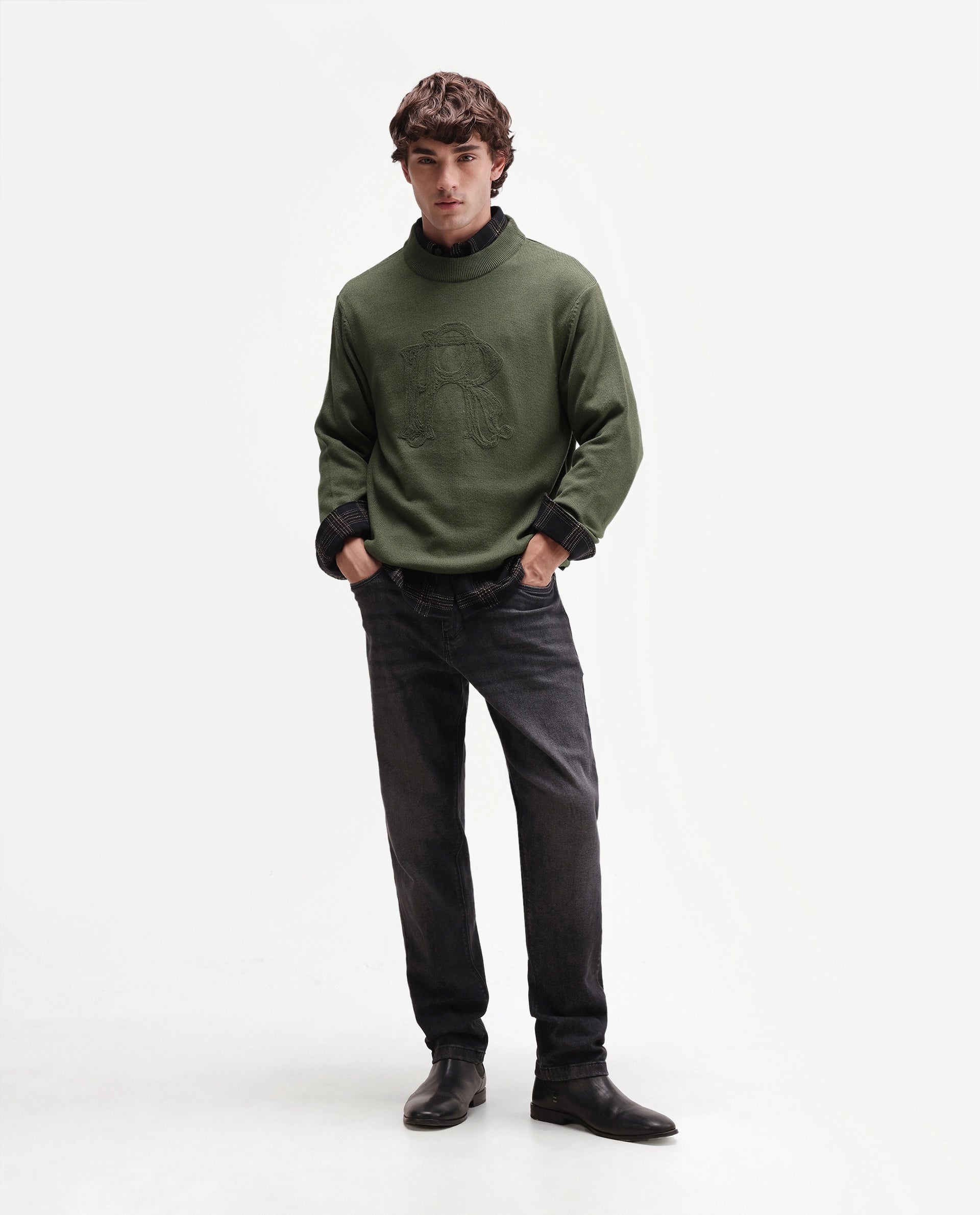 Rare Rabbit Men's Voss Olive Acrylic Regular Fit Embroidered Sweater