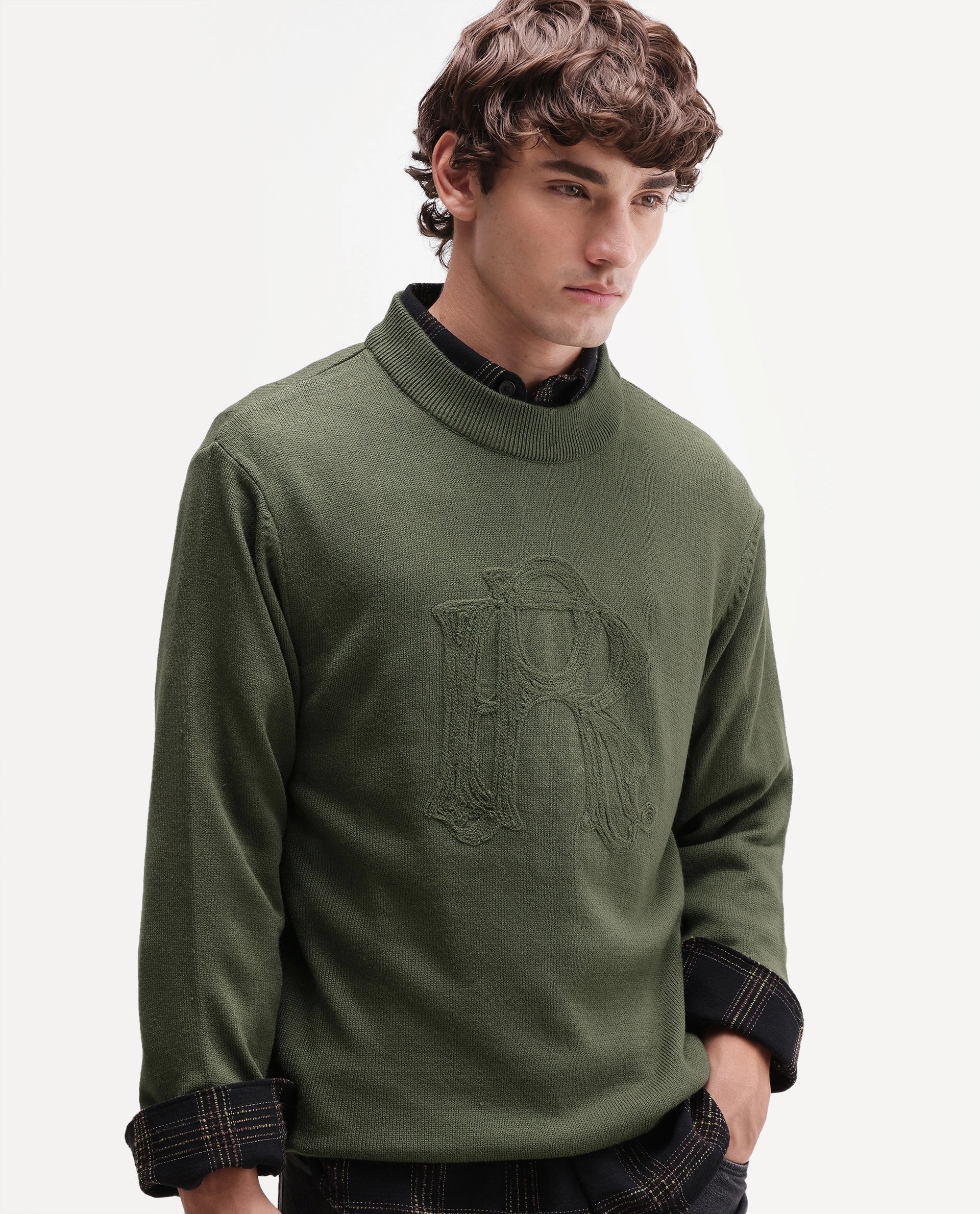 Rare Rabbit Men's Voss Olive Acrylic Regular Fit Embroidered Sweater