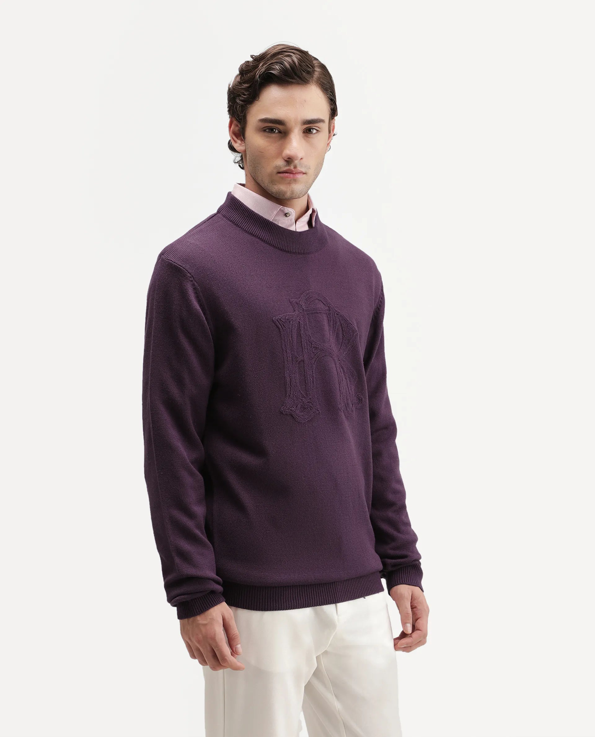 Rare Rabbit Men's Voss Dark Purple Acrylic Regular Fit Embroidered Sweater
