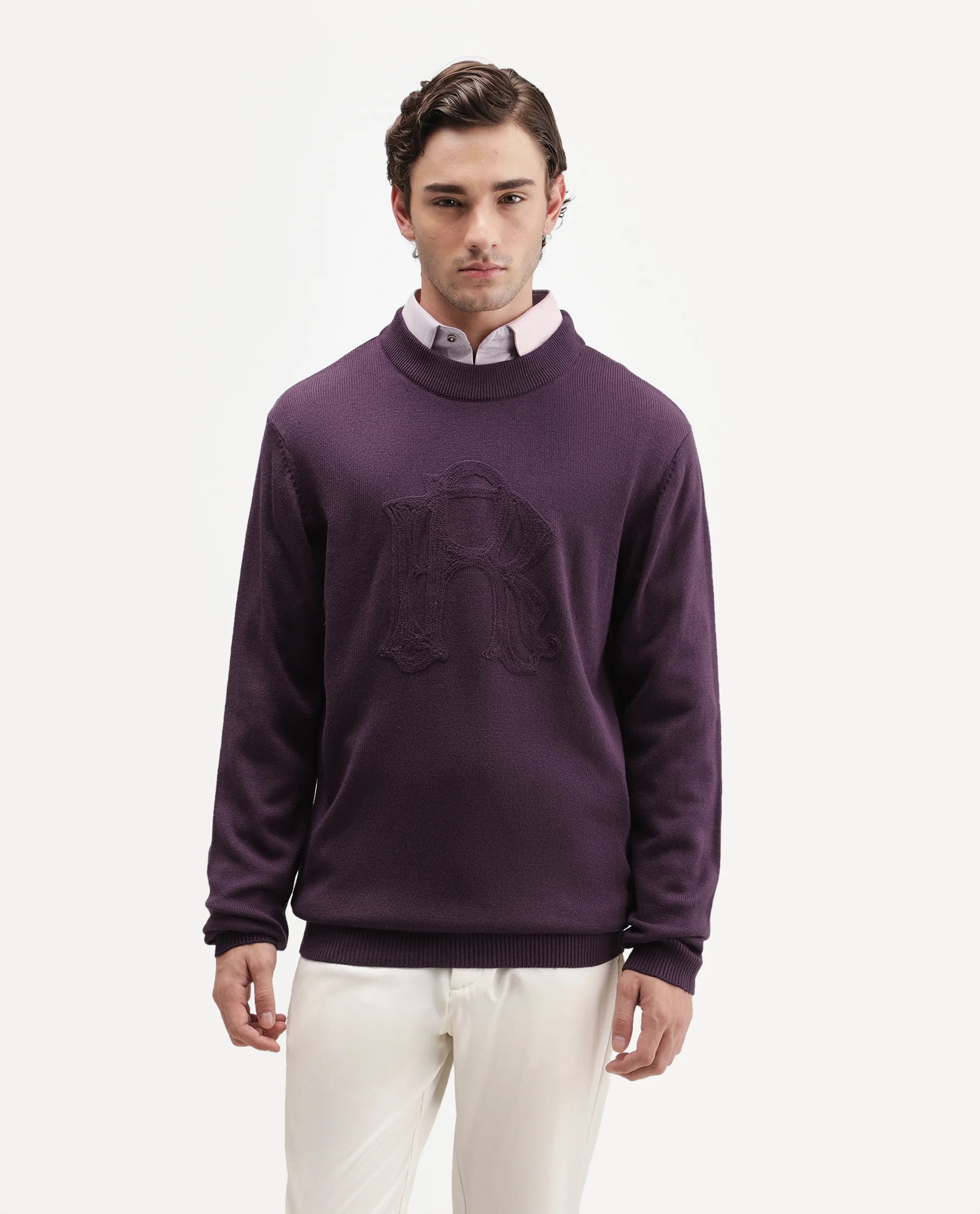 Rare Rabbit Men's Voss Dark Purple Acrylic Regular Fit Embroidered Sweater