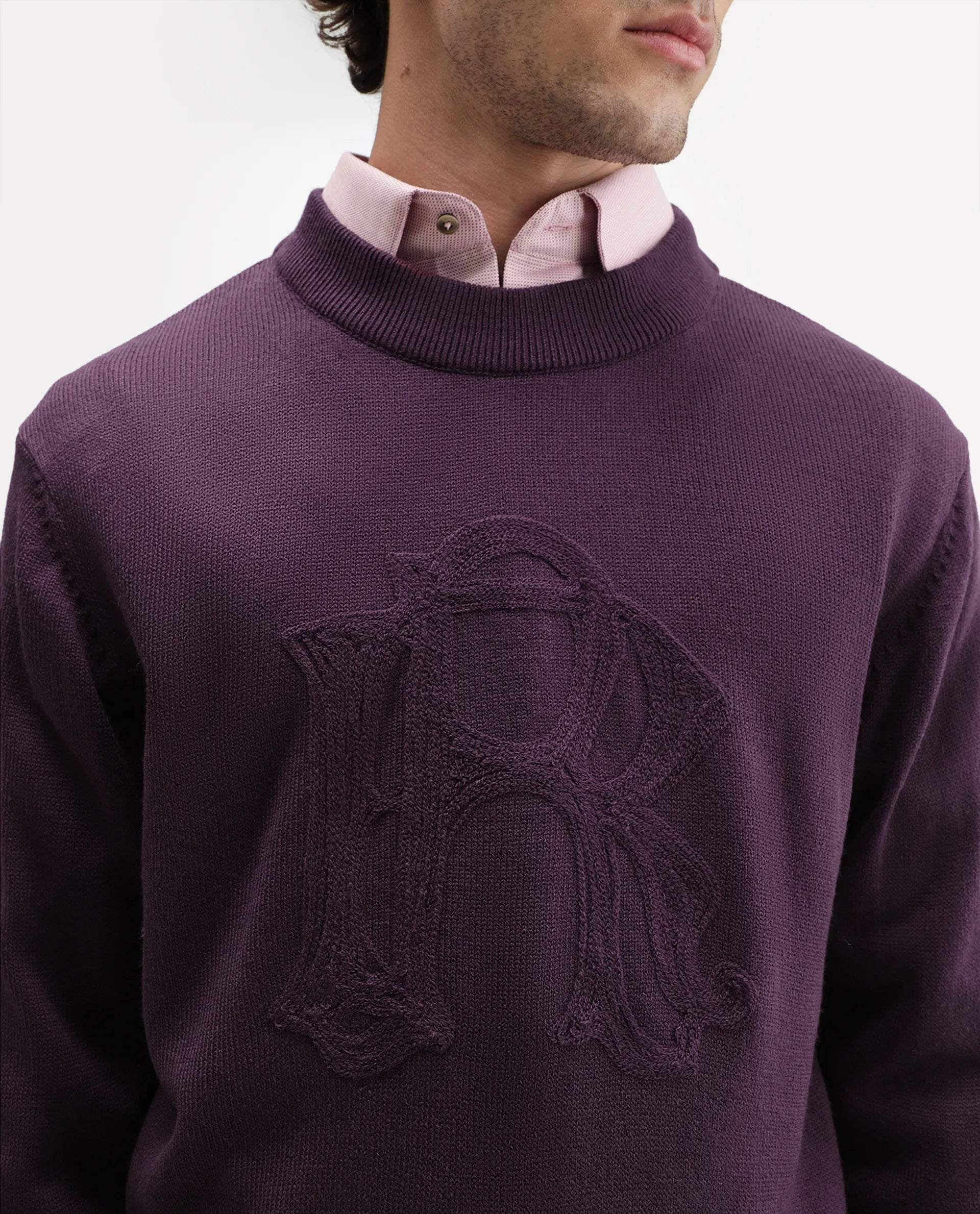 Rare Rabbit Men's Voss Dark Purple Acrylic Regular Fit Embroidered Sweater