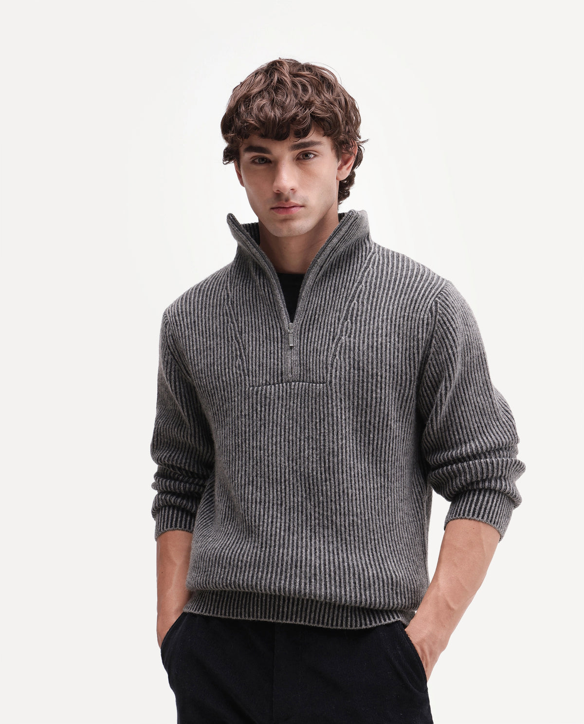 Rare Rabbit Men's Nalu Dark Grey Wool Blend Zipper Regular Fit Striped Sweater