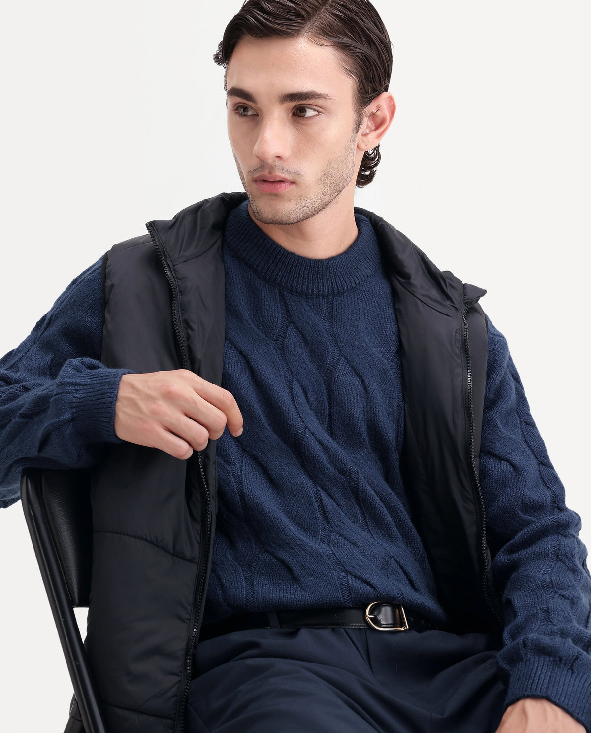 Rare Rabbit Men's Hury Navy Acrylic Blend Pull-On Regular Fit Textured Sweater