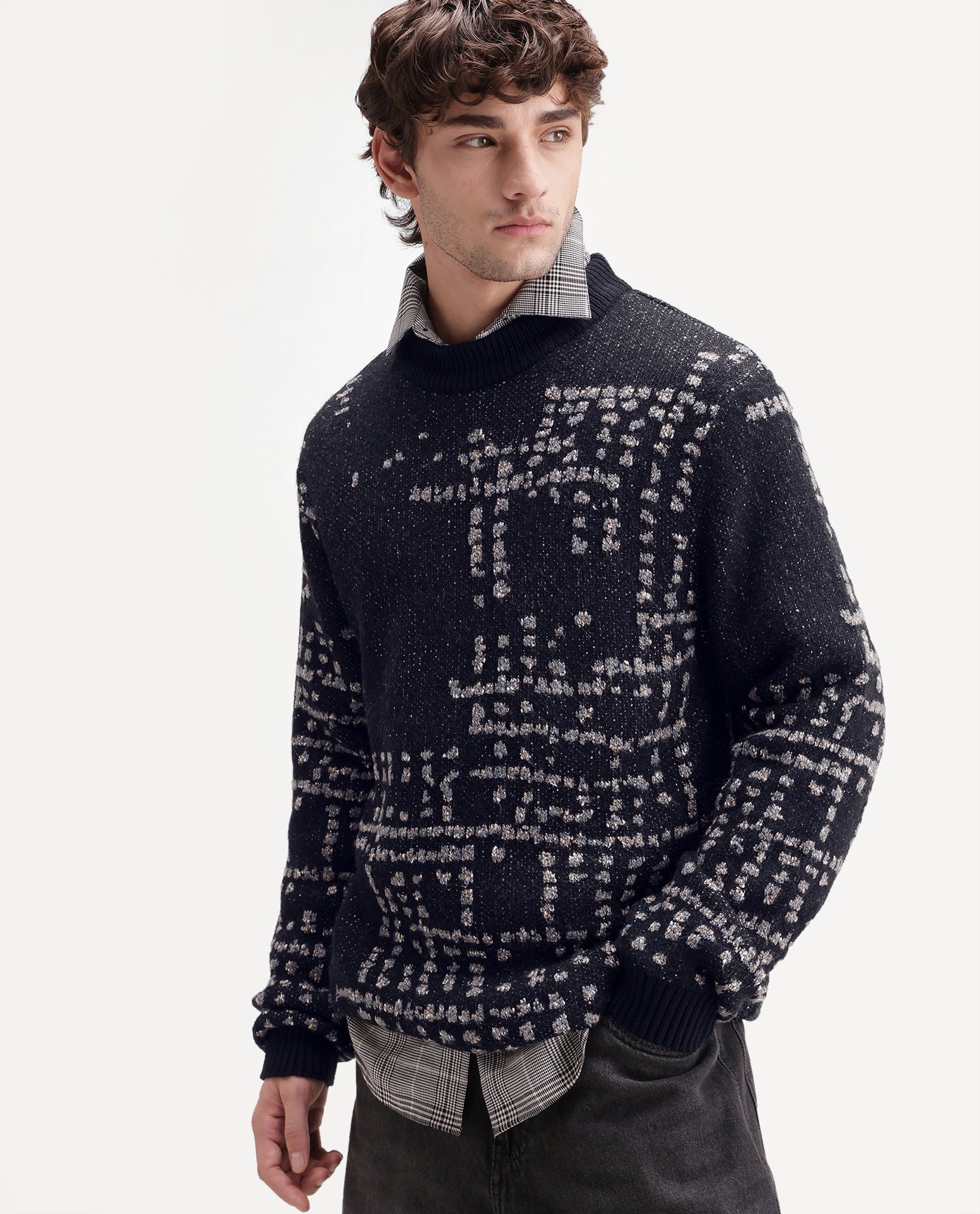 Rare Rabbit Men's Liht Black Acrylic Blend Regular Fit Acrylic Blend Jacquard Sweater
