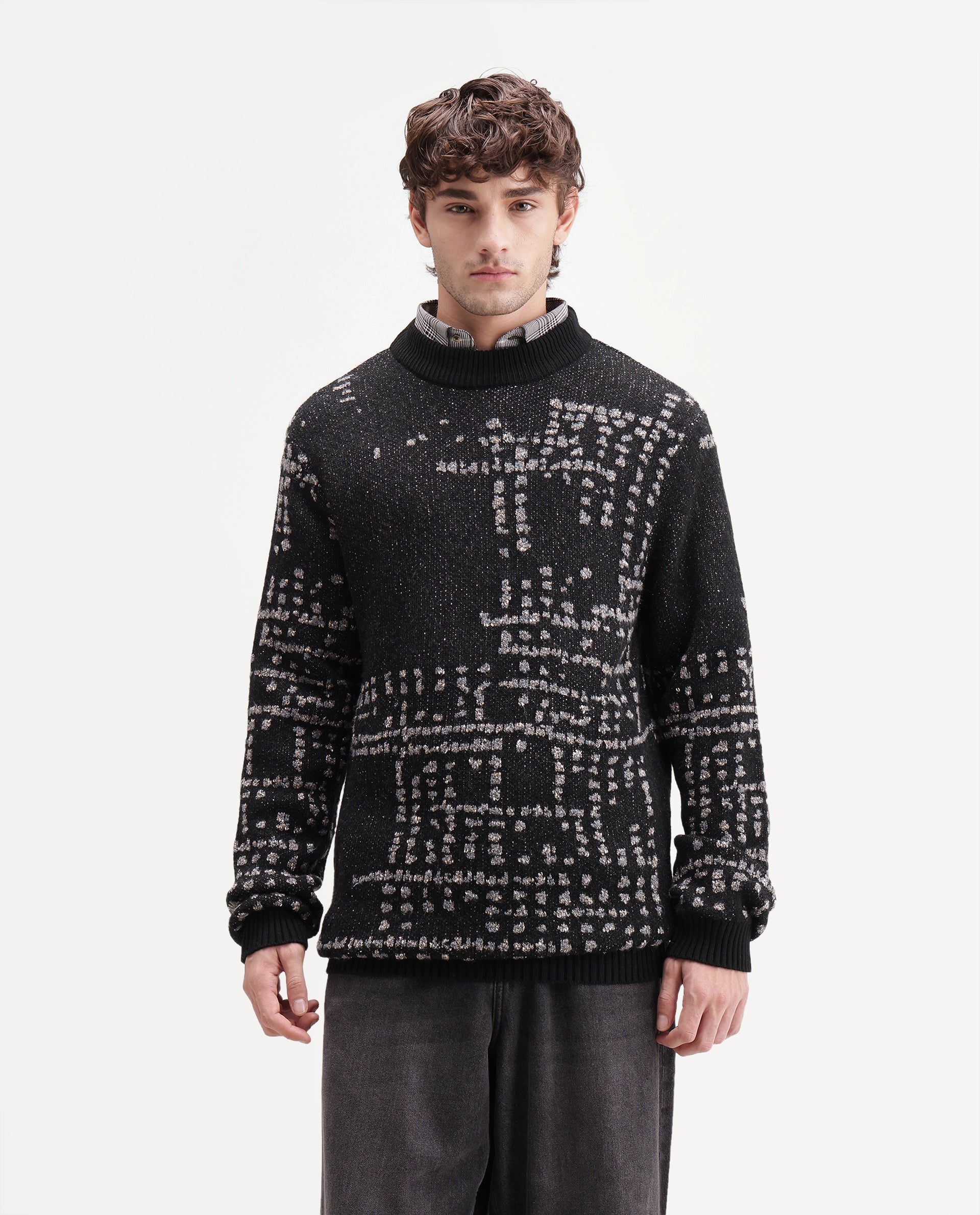 Rare Rabbit Men's Liht Black Acrylic Blend Regular Fit Acrylic Blend Jacquard Sweater