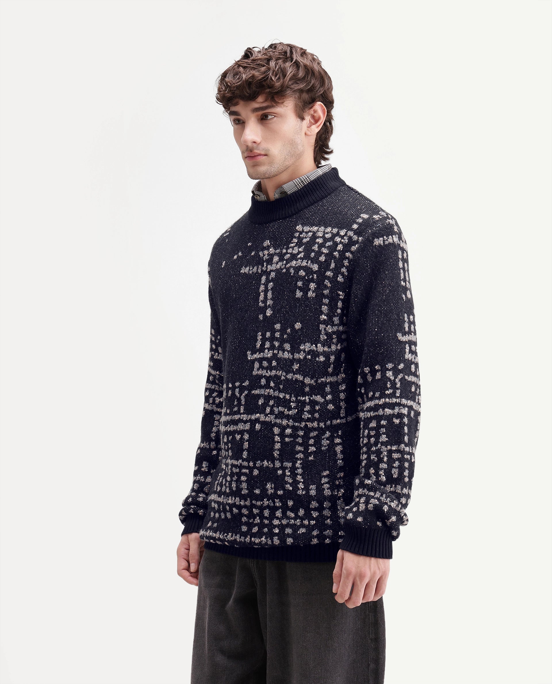 Rare Rabbit Men's Liht Black Acrylic Blend Regular Fit Acrylic Blend Jacquard Sweater