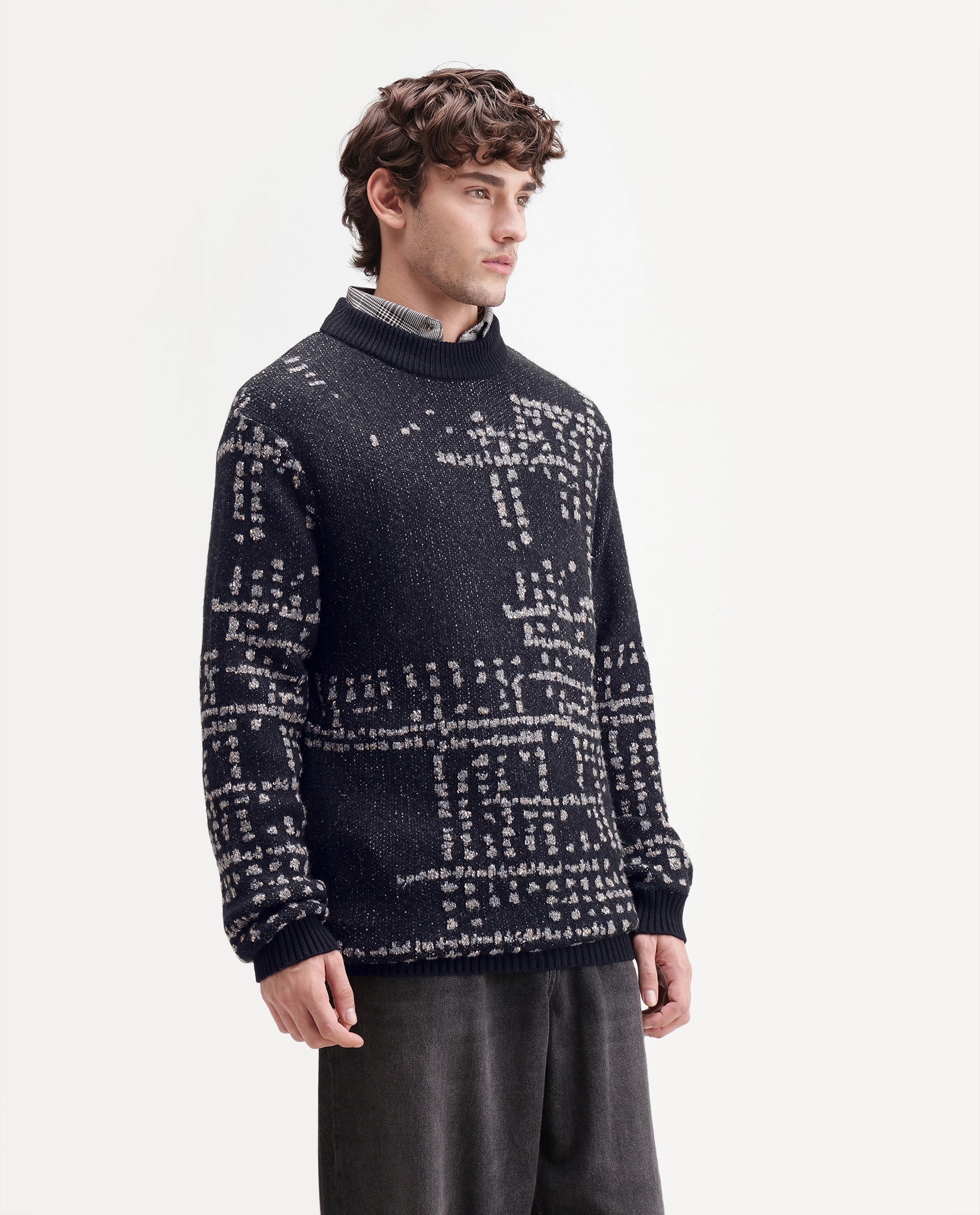 Rare Rabbit Men's Liht Black Acrylic Blend Regular Fit Acrylic Blend Jacquard Sweater