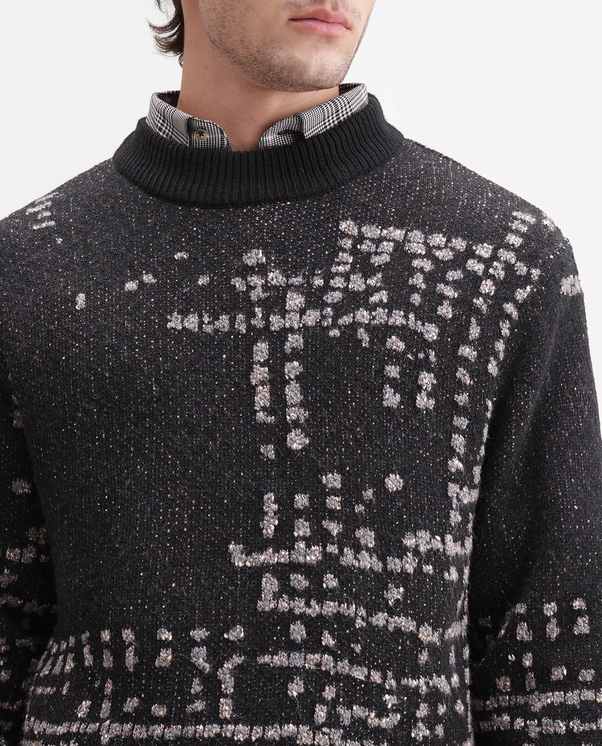 Rare Rabbit Men's Liht Black Acrylic Blend Regular Fit Acrylic Blend Jacquard Sweater