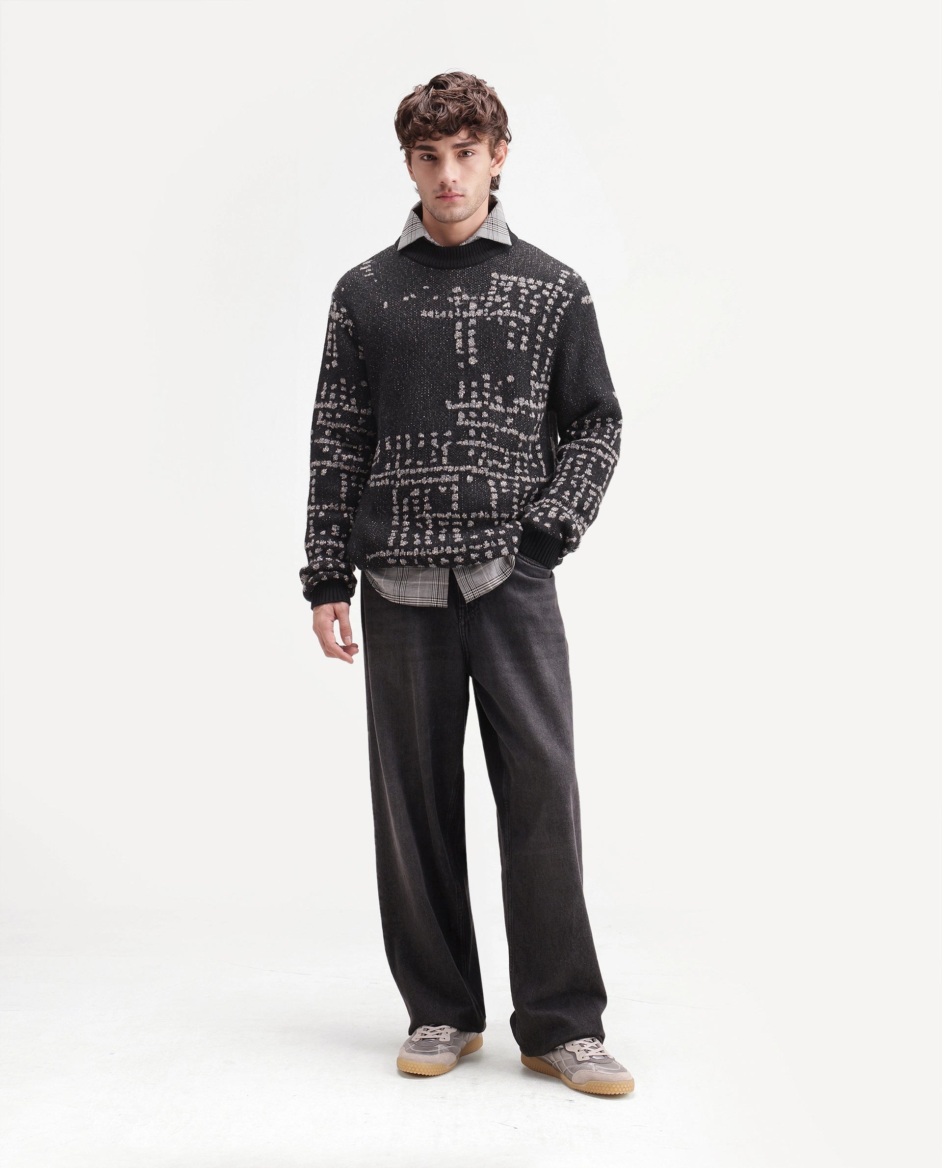 Rare Rabbit Men's Liht Black Acrylic Blend Regular Fit Acrylic Blend Jacquard Sweater