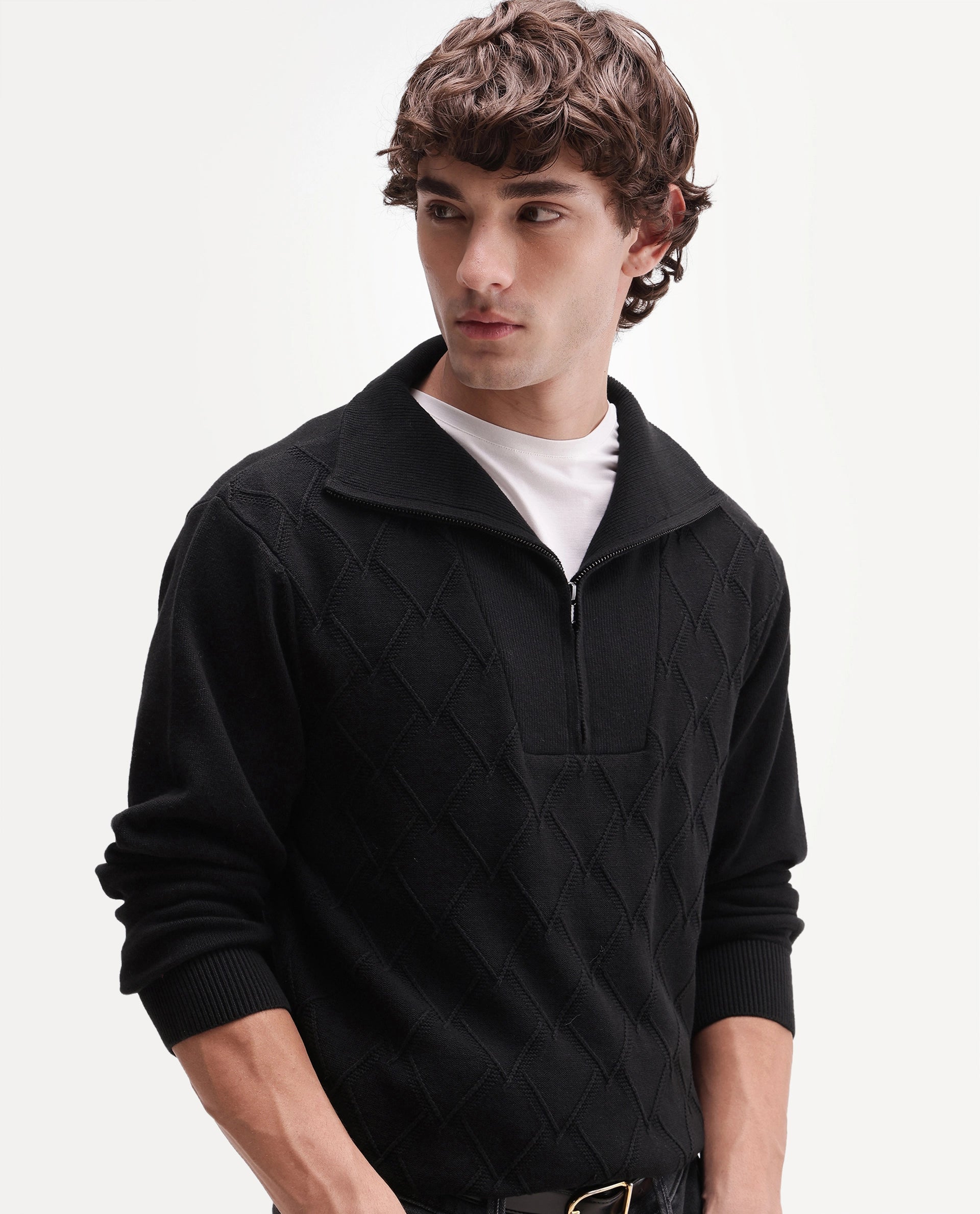 Rare Rabbit Men's Mivor Black Cotton Zipper Regular Fit High Neck Jacquard Sweater