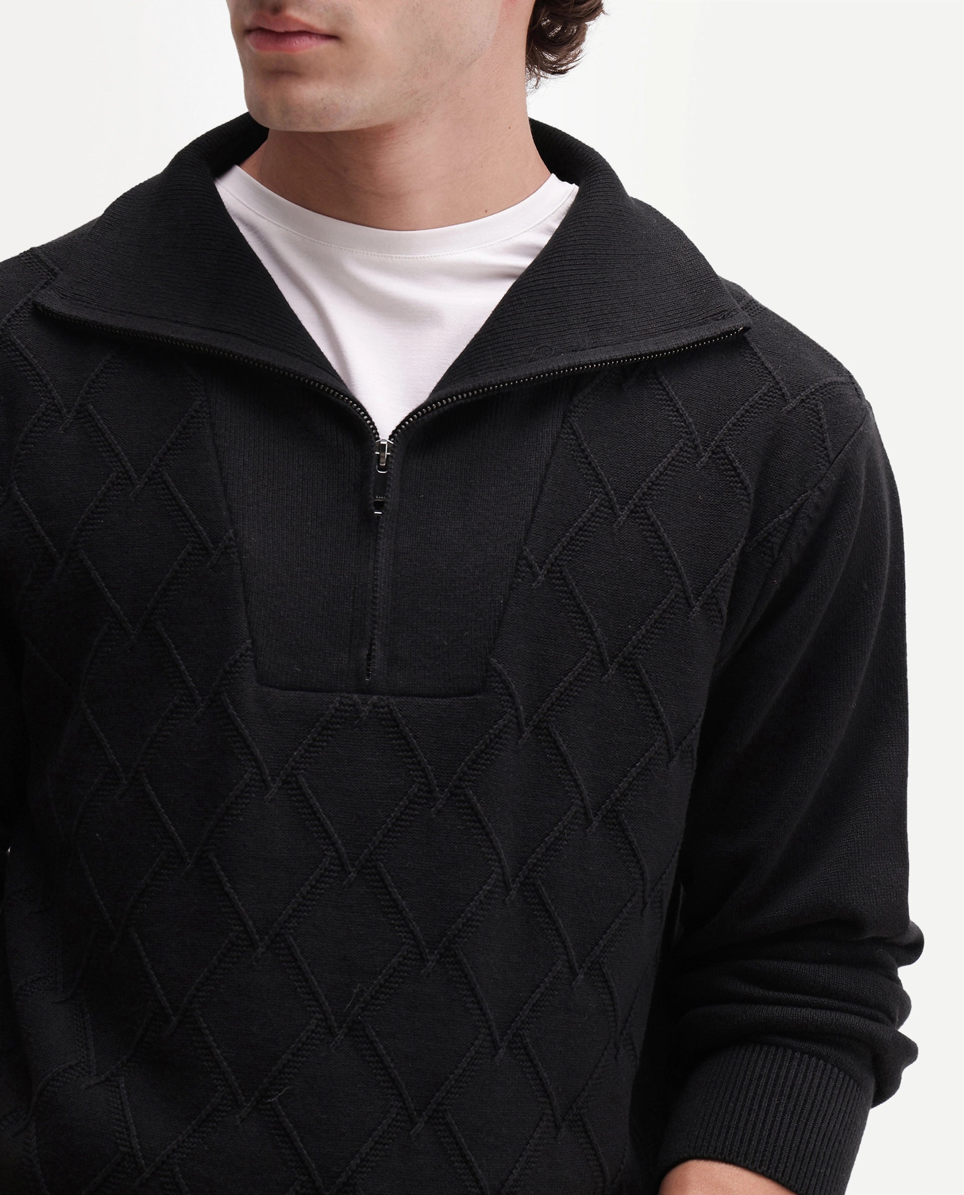Rare Rabbit Men's Mivor Black Cotton Zipper Regular Fit High Neck Jacquard Sweater