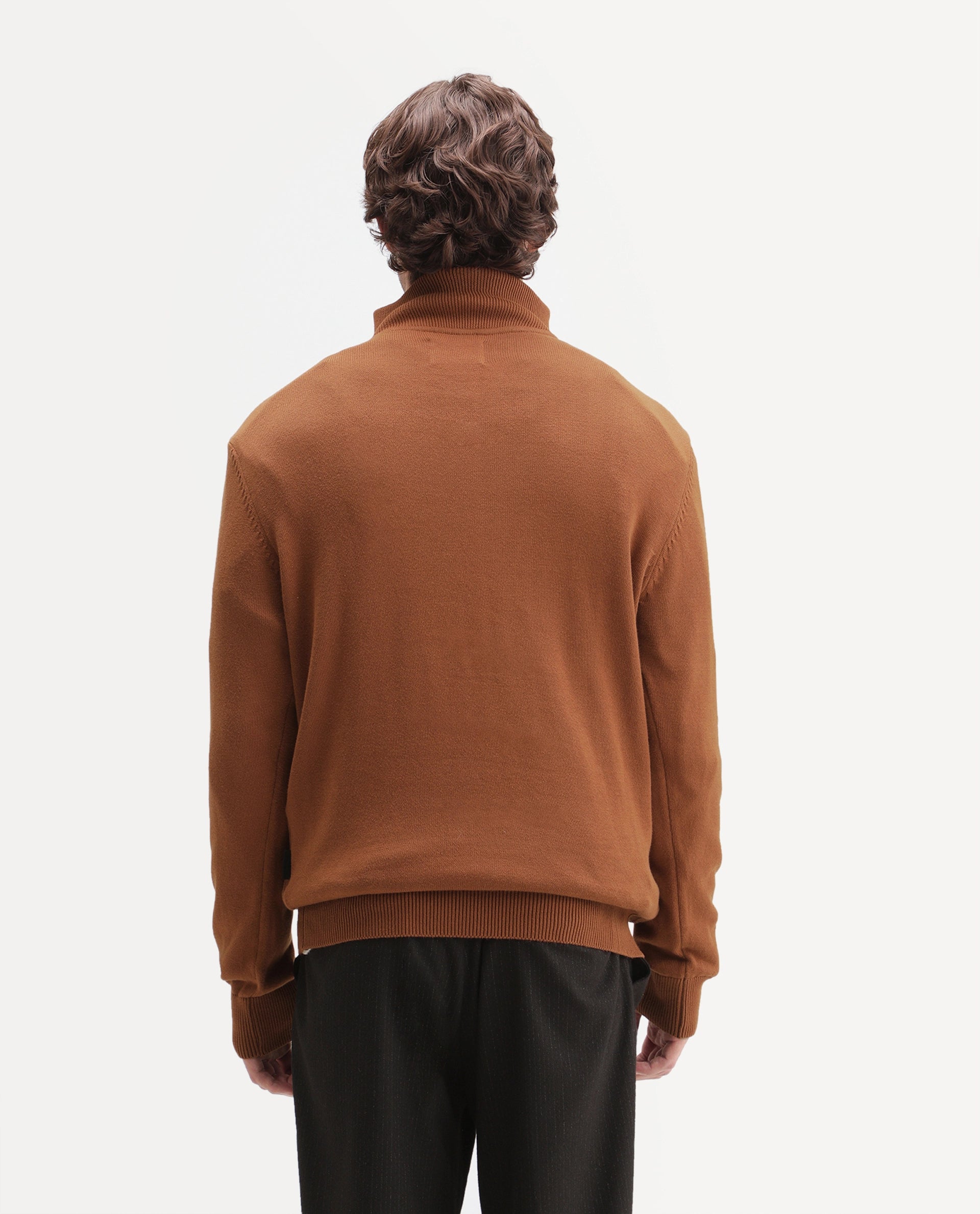 Rare Rabbit Men's Mivor Rust Cotton Zipper Regular Fit High Neck Jacquard Sweater