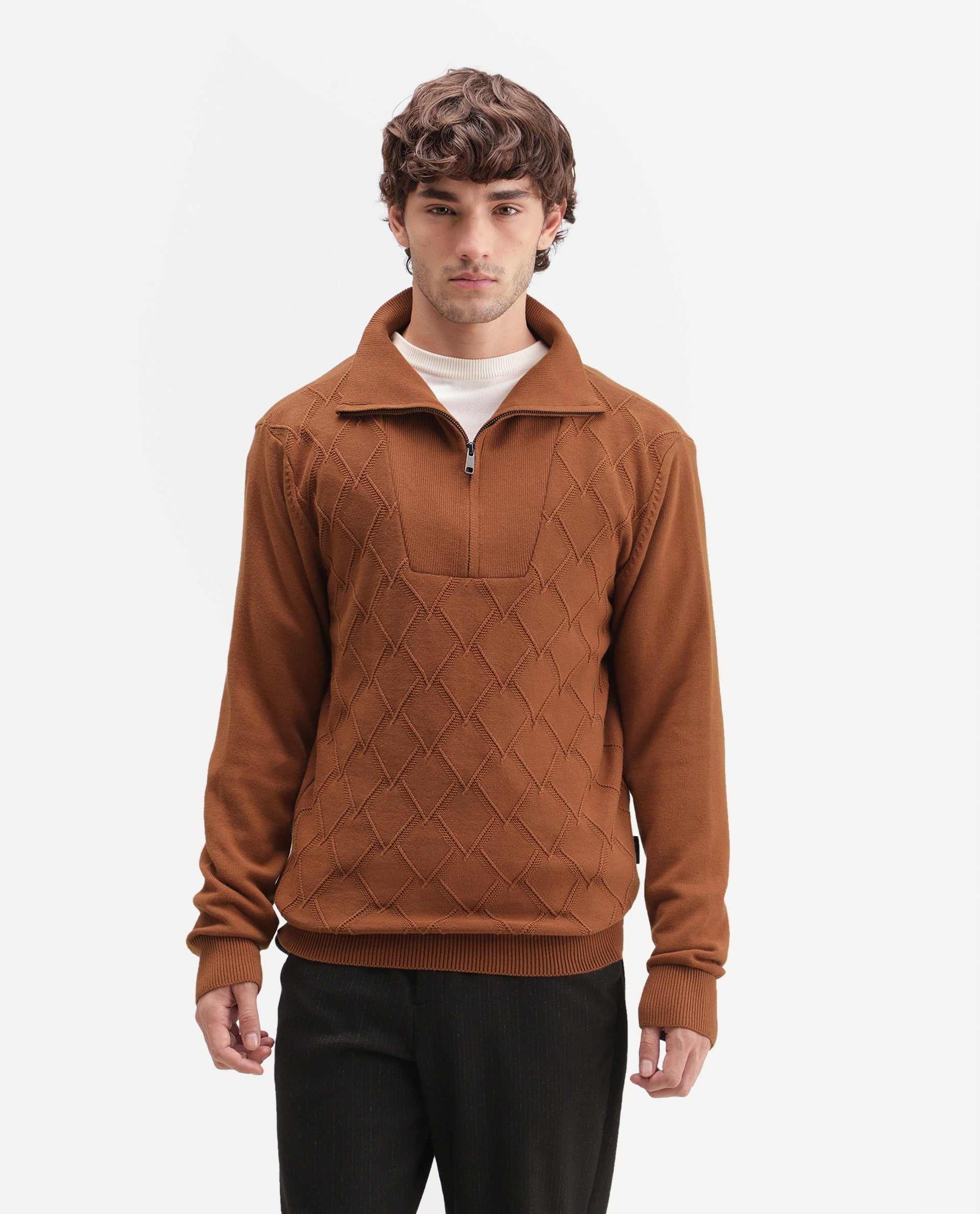 Rare Rabbit Men's Mivor Rust Cotton Zipper Regular Fit High Neck Jacquard Sweater