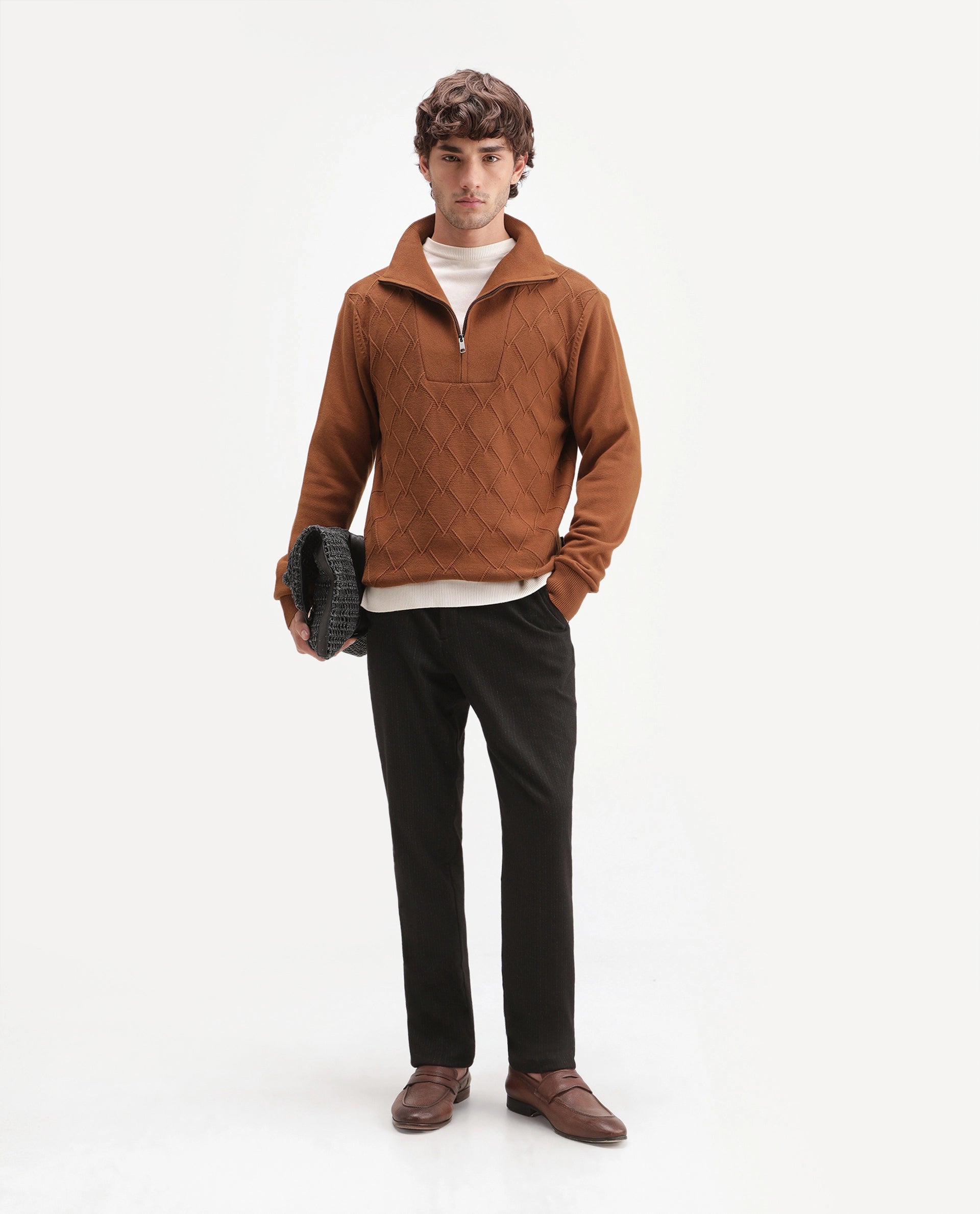 Rare Rabbit Men's Mivor Rust Cotton Zipper Regular Fit High Neck Jacquard Sweater
