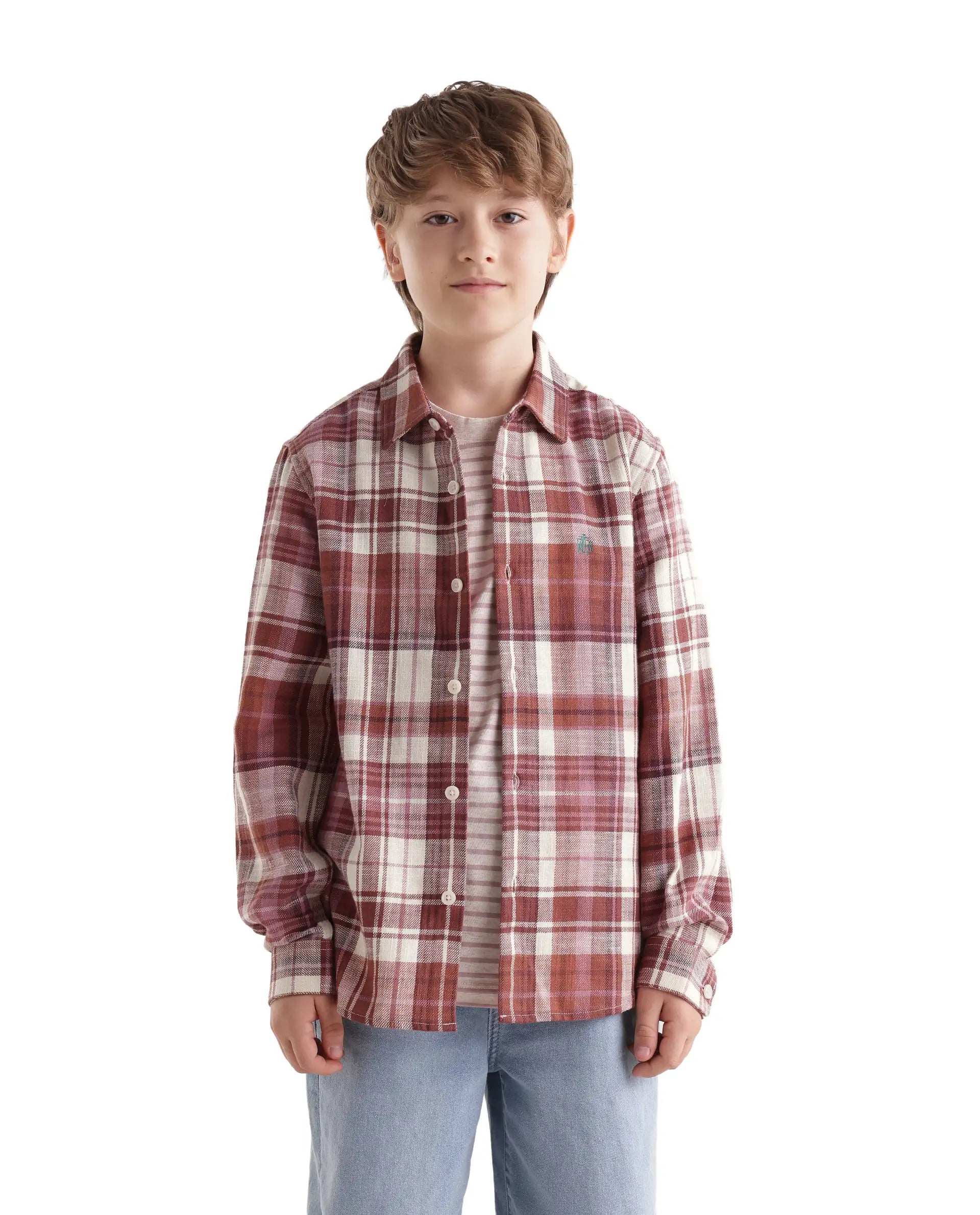 Rare Ones Kids Grigg Dusky Rust Cotton Fabric Button Closure Regular Fit Embroidered Shirt