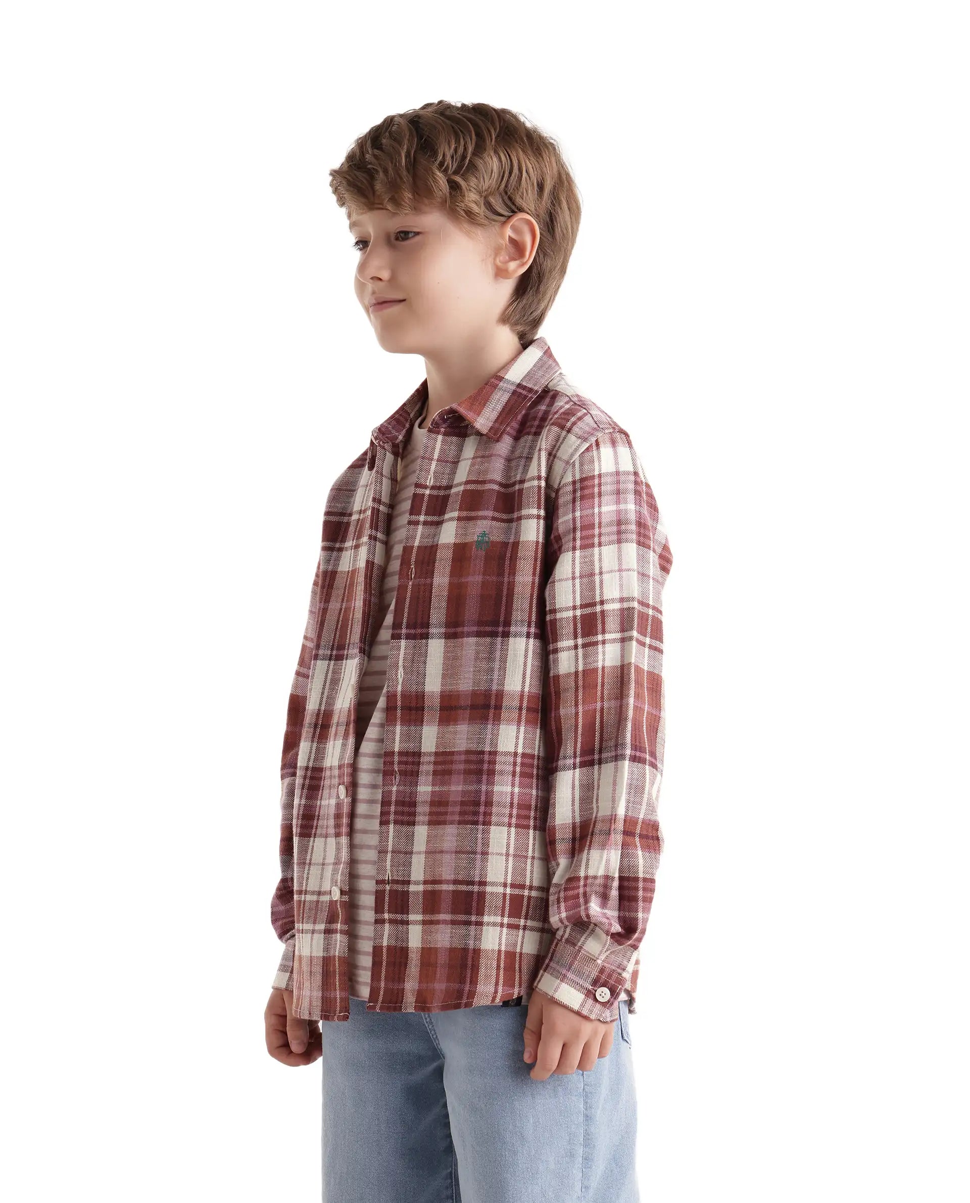 Rare Ones Kids Grigg Dusky Rust Cotton Fabric Button Closure Regular Fit Embroidered Shirt