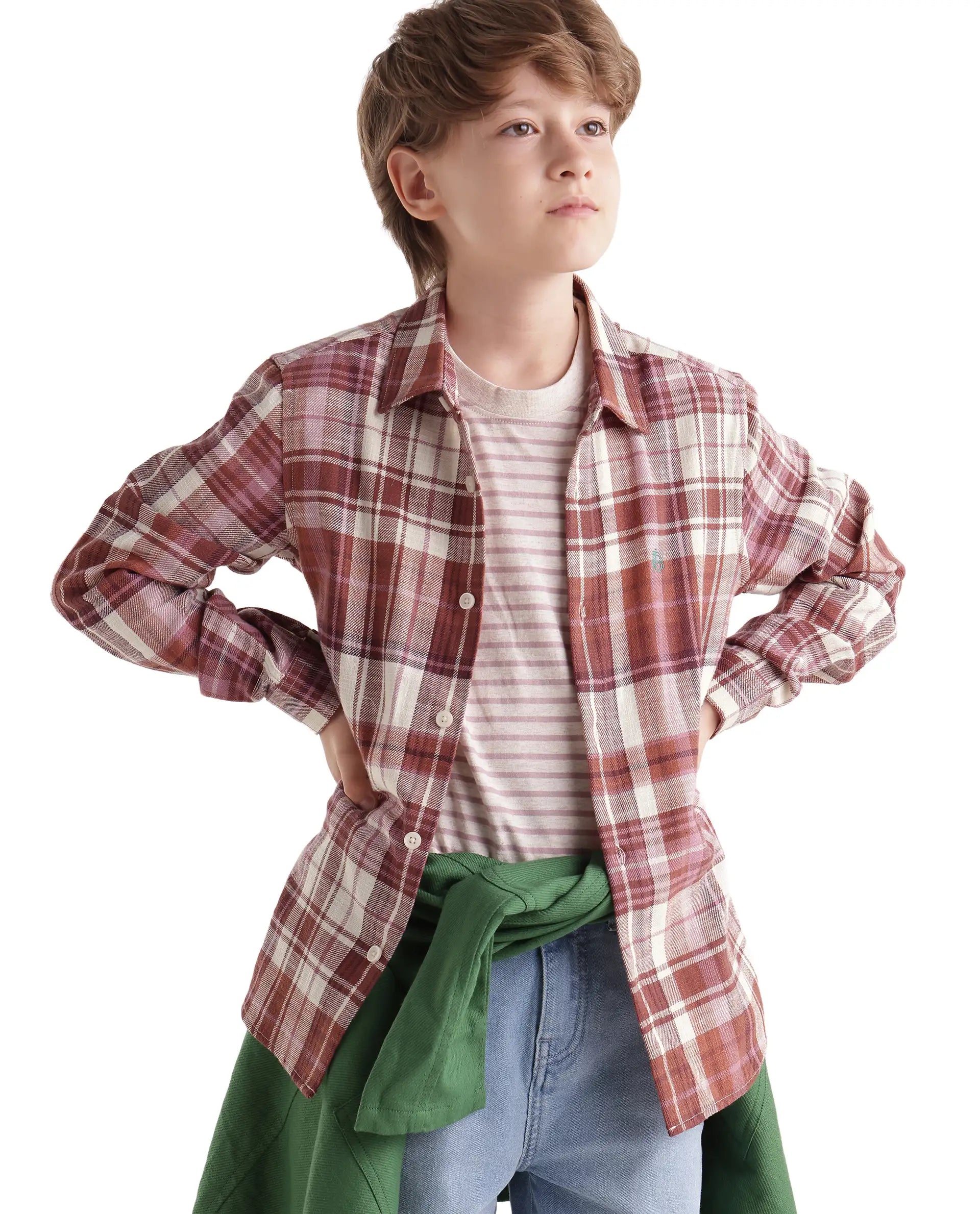 Rare Ones Kids Grigg Dusky Rust Cotton Fabric Button Closure Regular Fit Embroidered Shirt