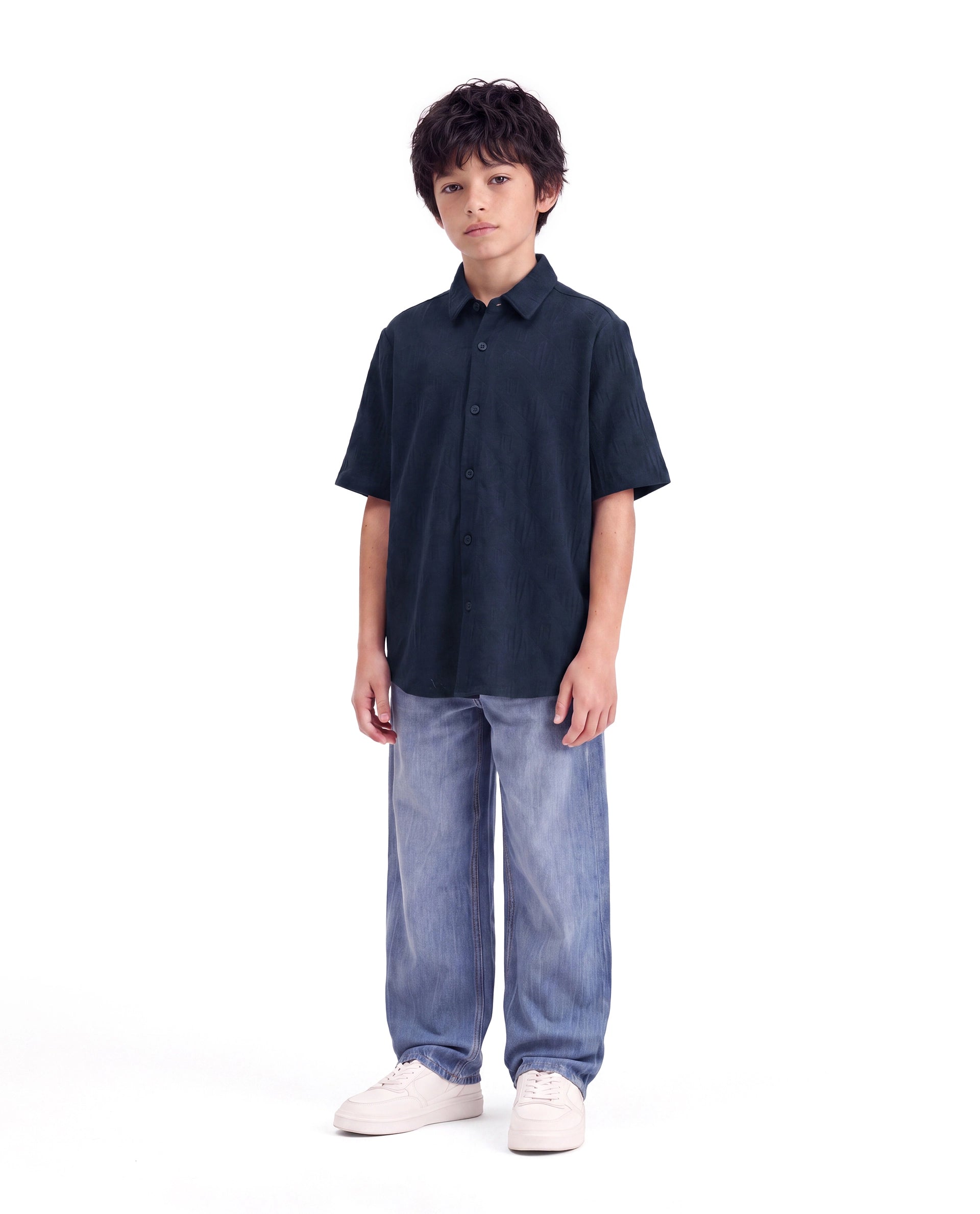 Rare Ones Kids Cubs-K Navy Cotton Fabric Button Closure Regular Fit Jacquard Shirt