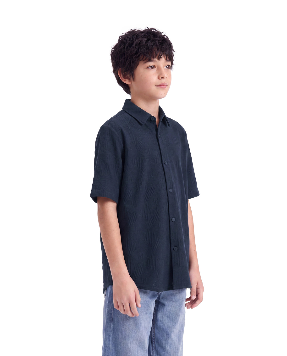 Rare Ones Kids Cubs-K Navy Cotton Fabric Button Closure Regular Fit Jacquard Shirt
