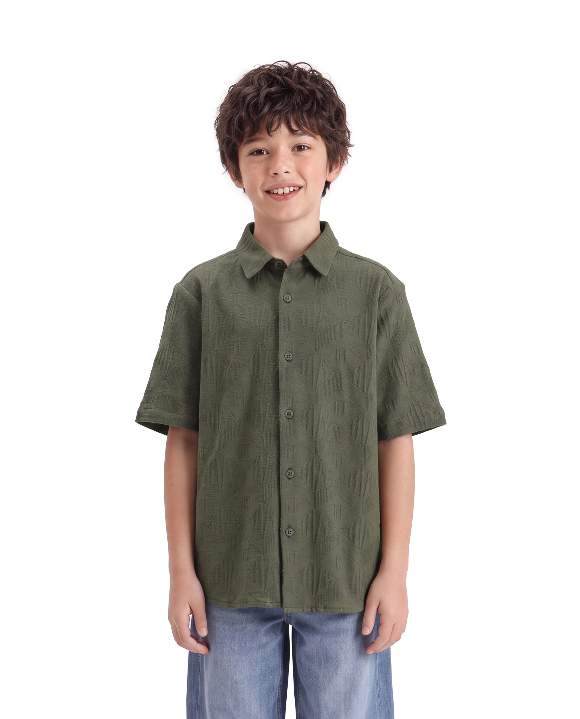Rare Ones Kids Cubs-K Olive Cotton Fabric Button Closure Regular Fit Jacquard Shirt