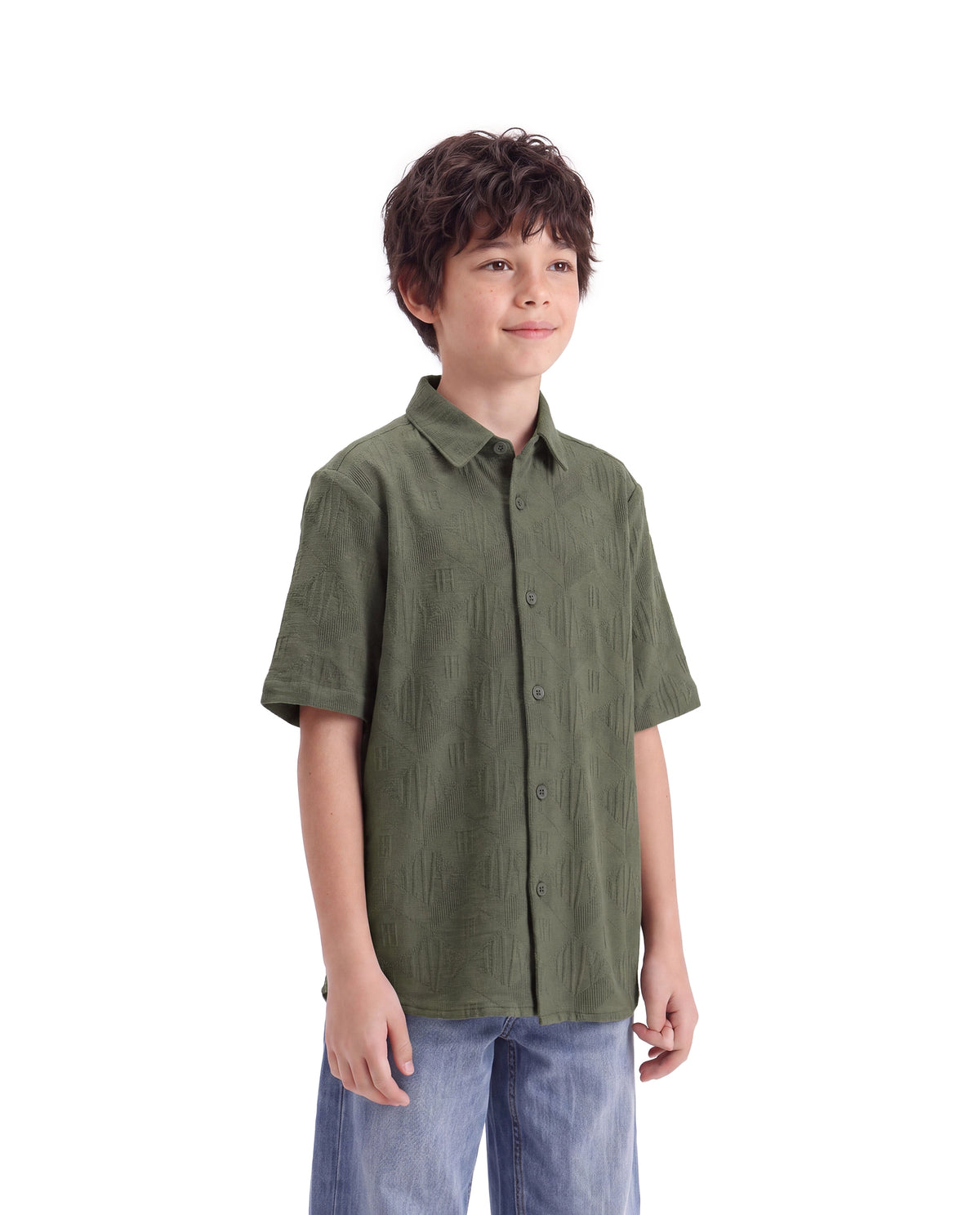 Rare Ones Kids Cubs-K Olive Cotton Fabric Button Closure Regular Fit Jacquard Shirt