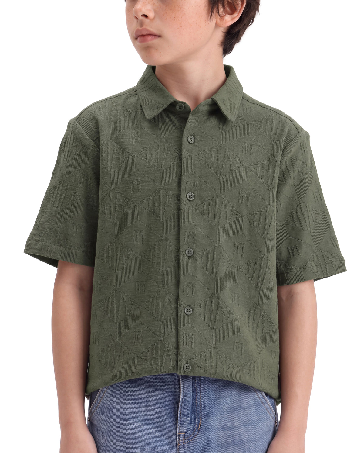 Rare Ones Kids Cubs-K Olive Cotton Fabric Button Closure Regular Fit Jacquard Shirt