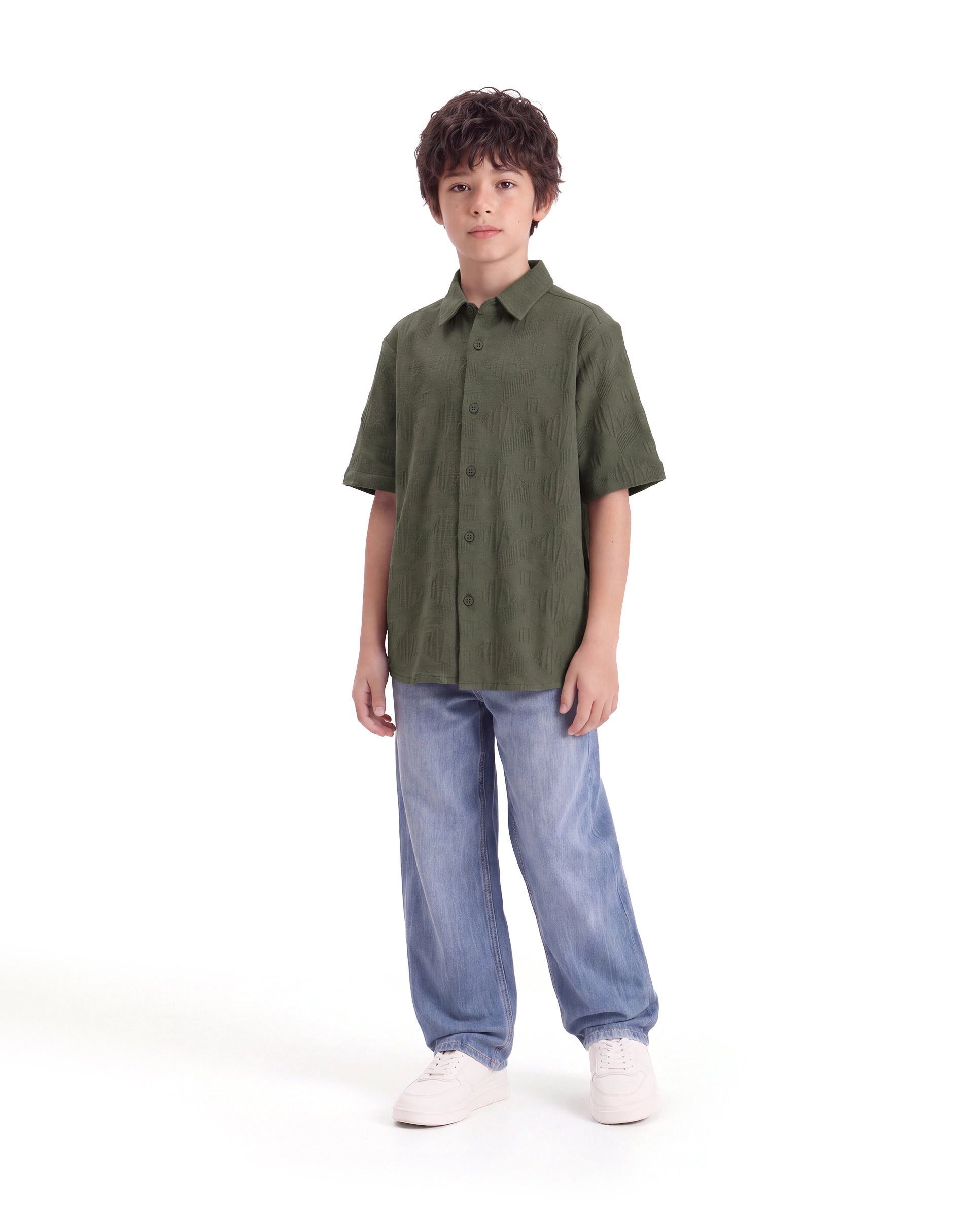 Rare Ones Kids Cubs-K Olive Cotton Fabric Button Closure Regular Fit Jacquard Shirt