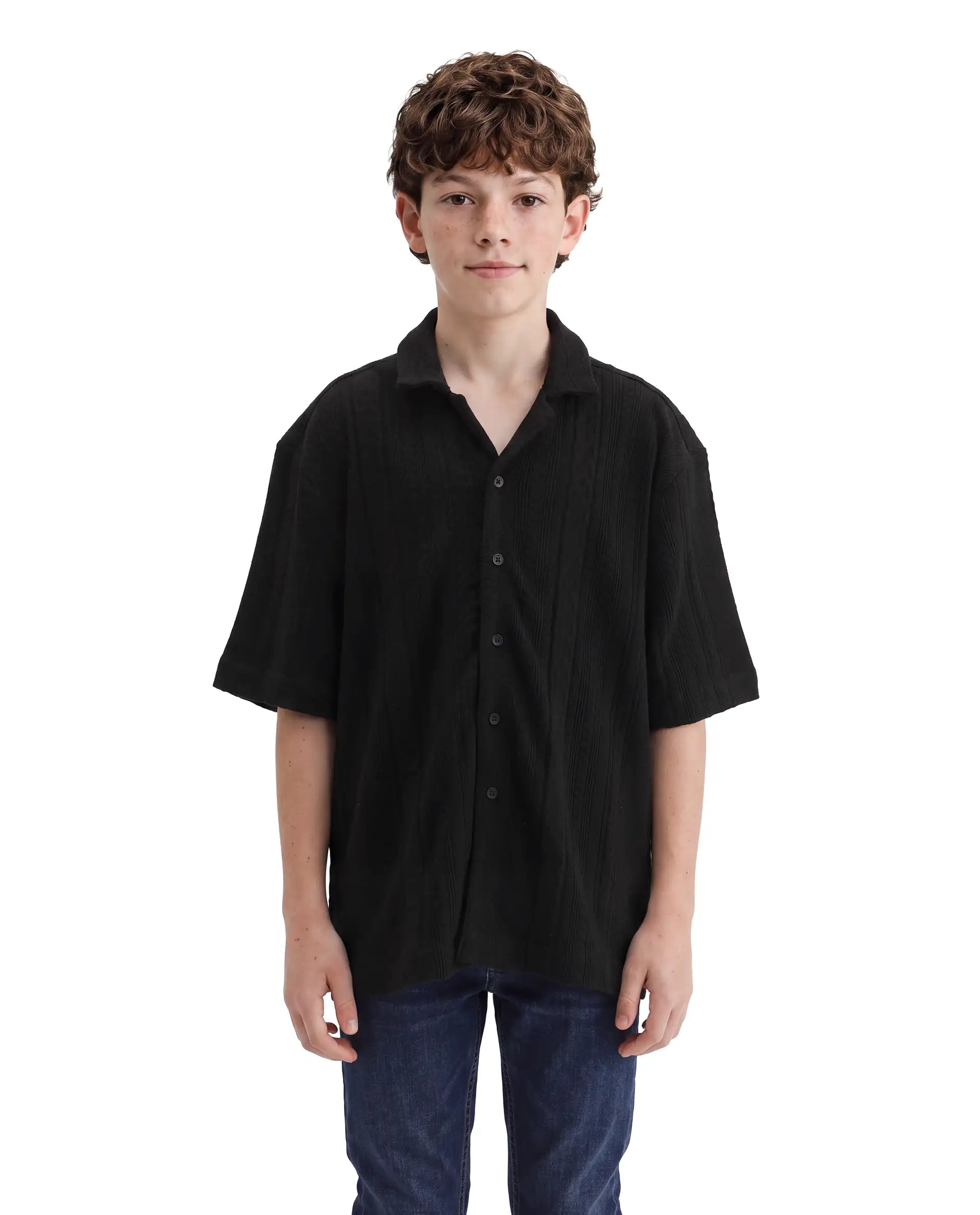 Rare Ones Kids Lyra Black Cotton Fabric Cuban Collar Button Closure Regular Shirt