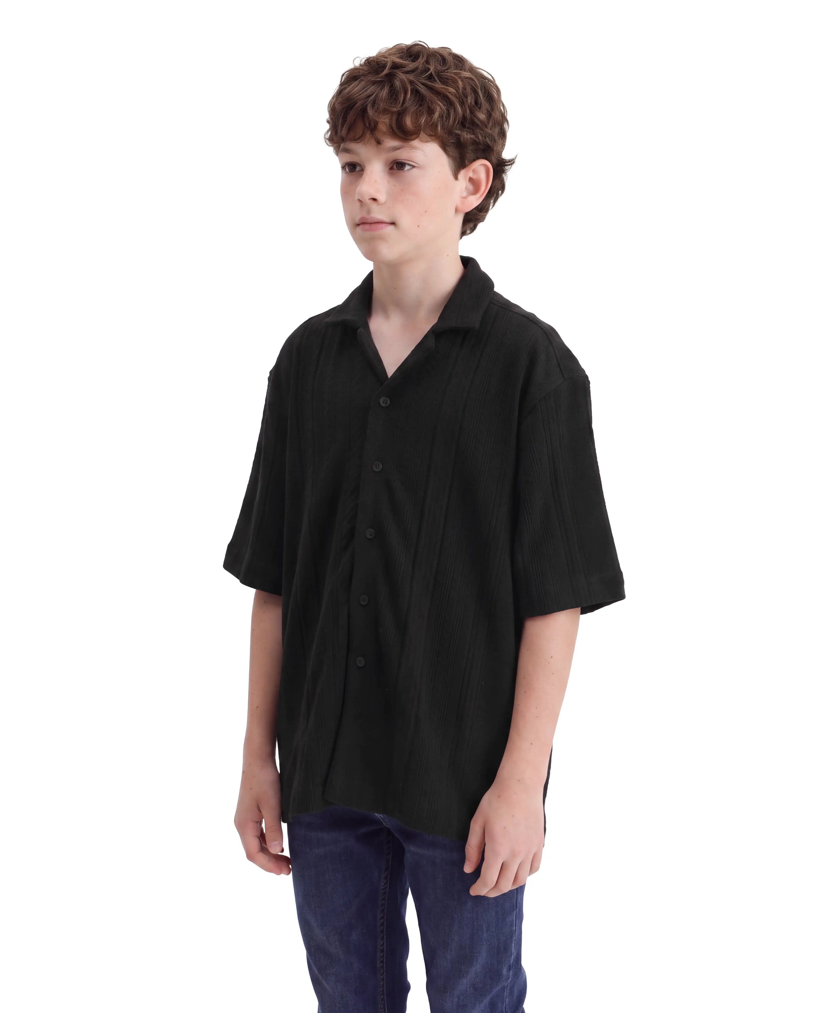 Rare Ones Kids Lyra Black Cotton Fabric Cuban Collar Button Closure Regular Shirt