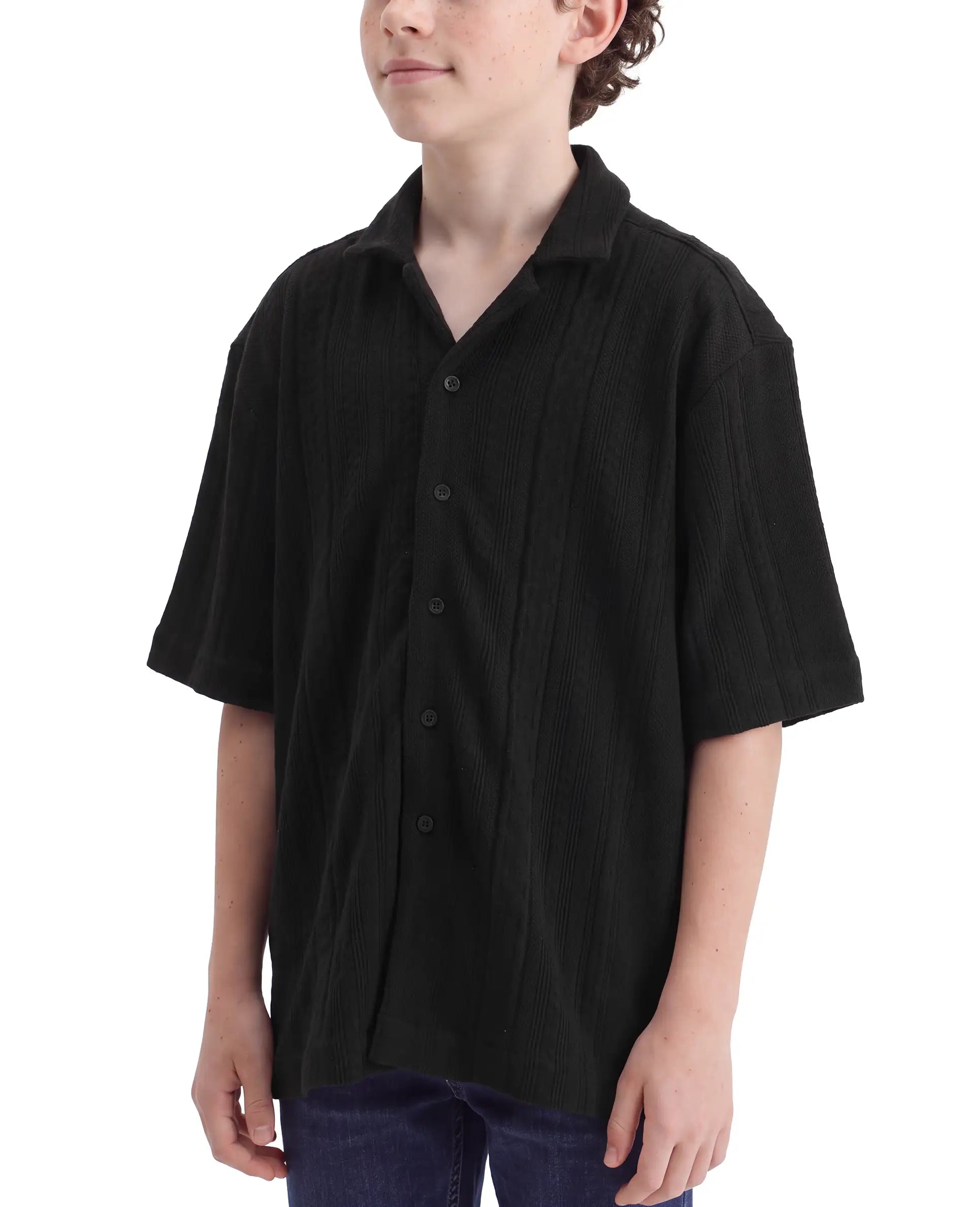 Rare Ones Kids Lyra Black Cotton Fabric Cuban Collar Button Closure Regular Shirt