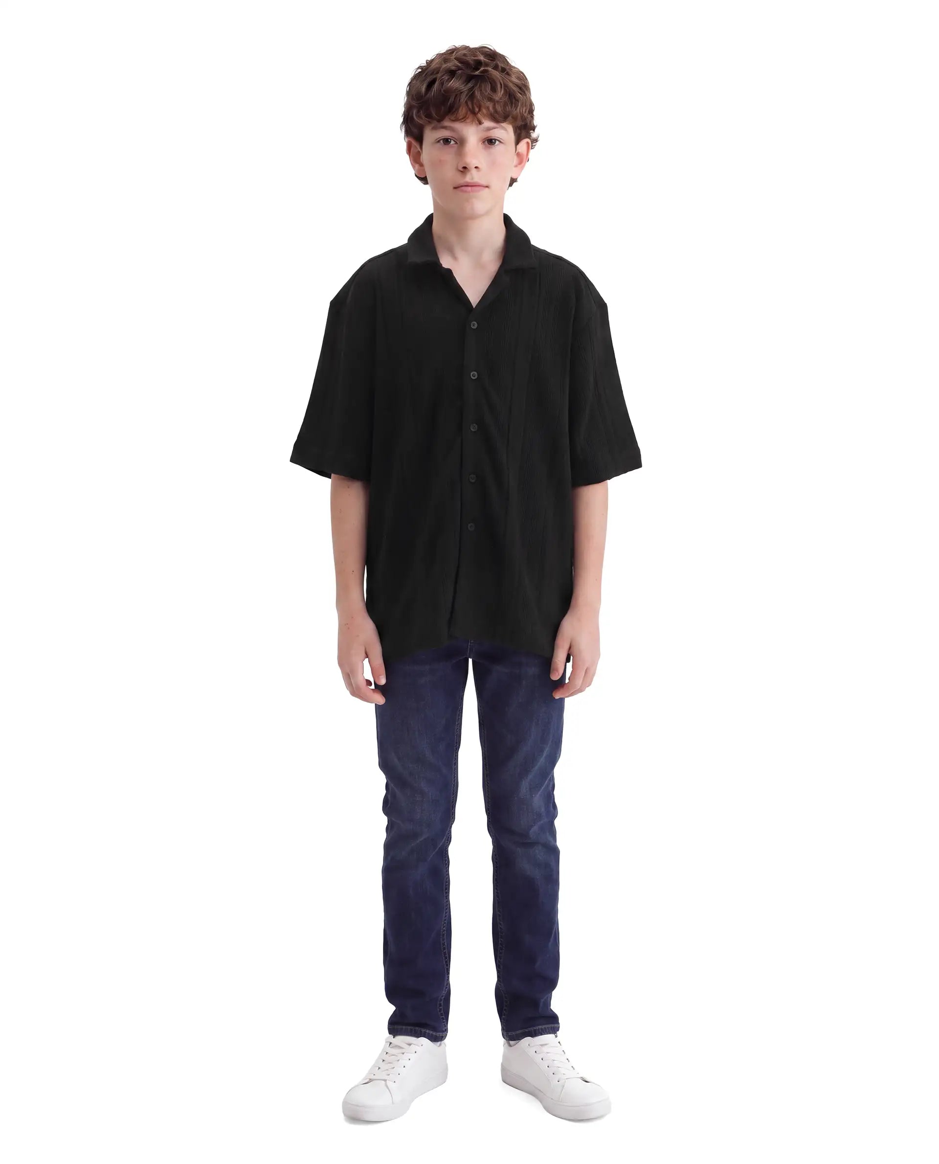 Rare Ones Kids Lyra Black Cotton Fabric Cuban Collar Button Closure Regular Shirt
