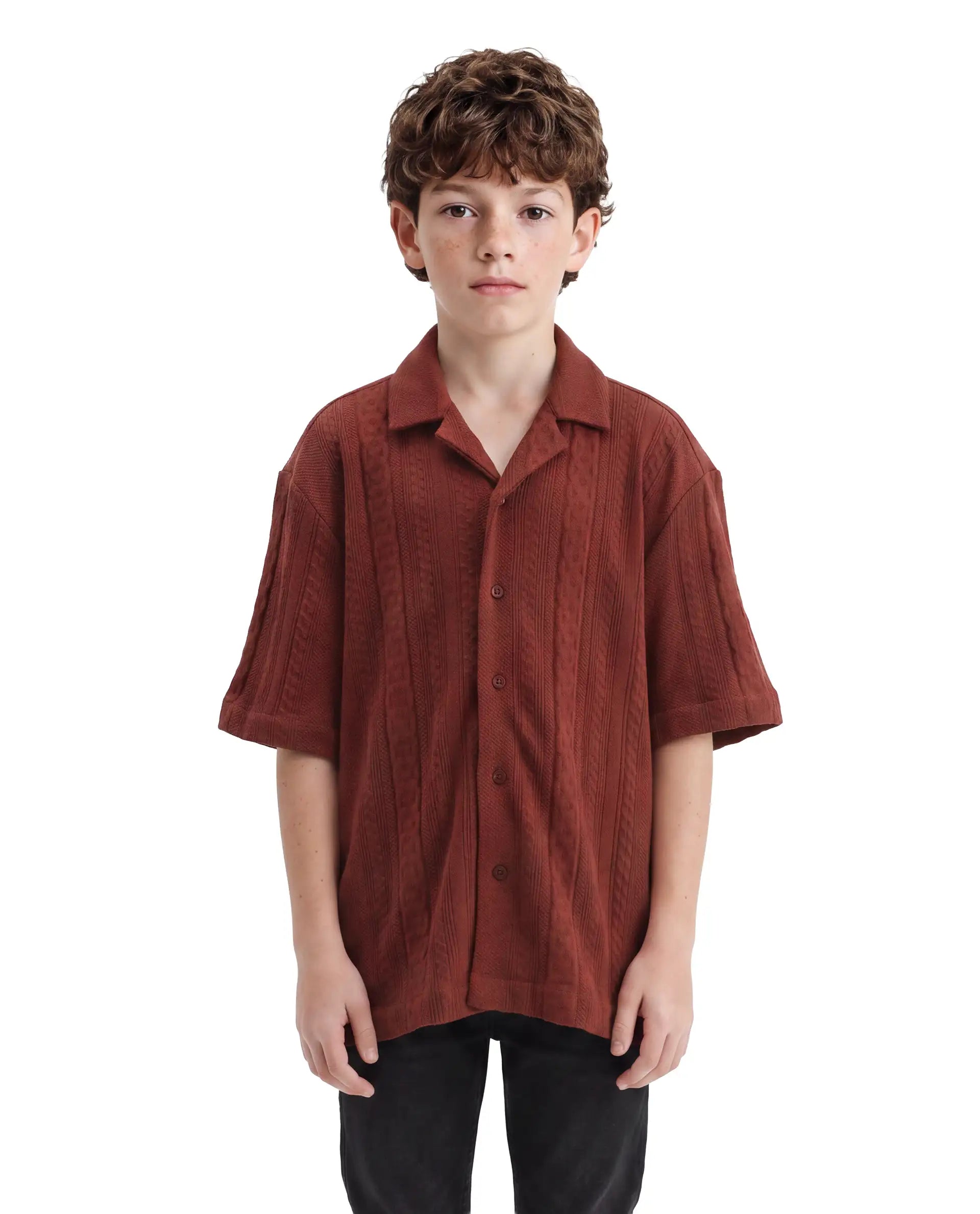 Rare Ones Kids Lyra Rust Cotton Fabric Cuban Collar Button Closure Regular Shirt