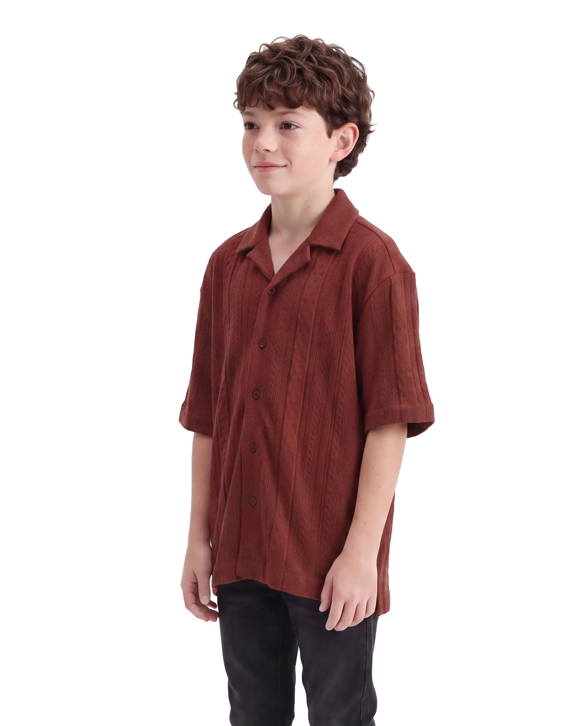 Rare Ones Kids Lyra Rust Cotton Fabric Cuban Collar Button Closure Regular Shirt