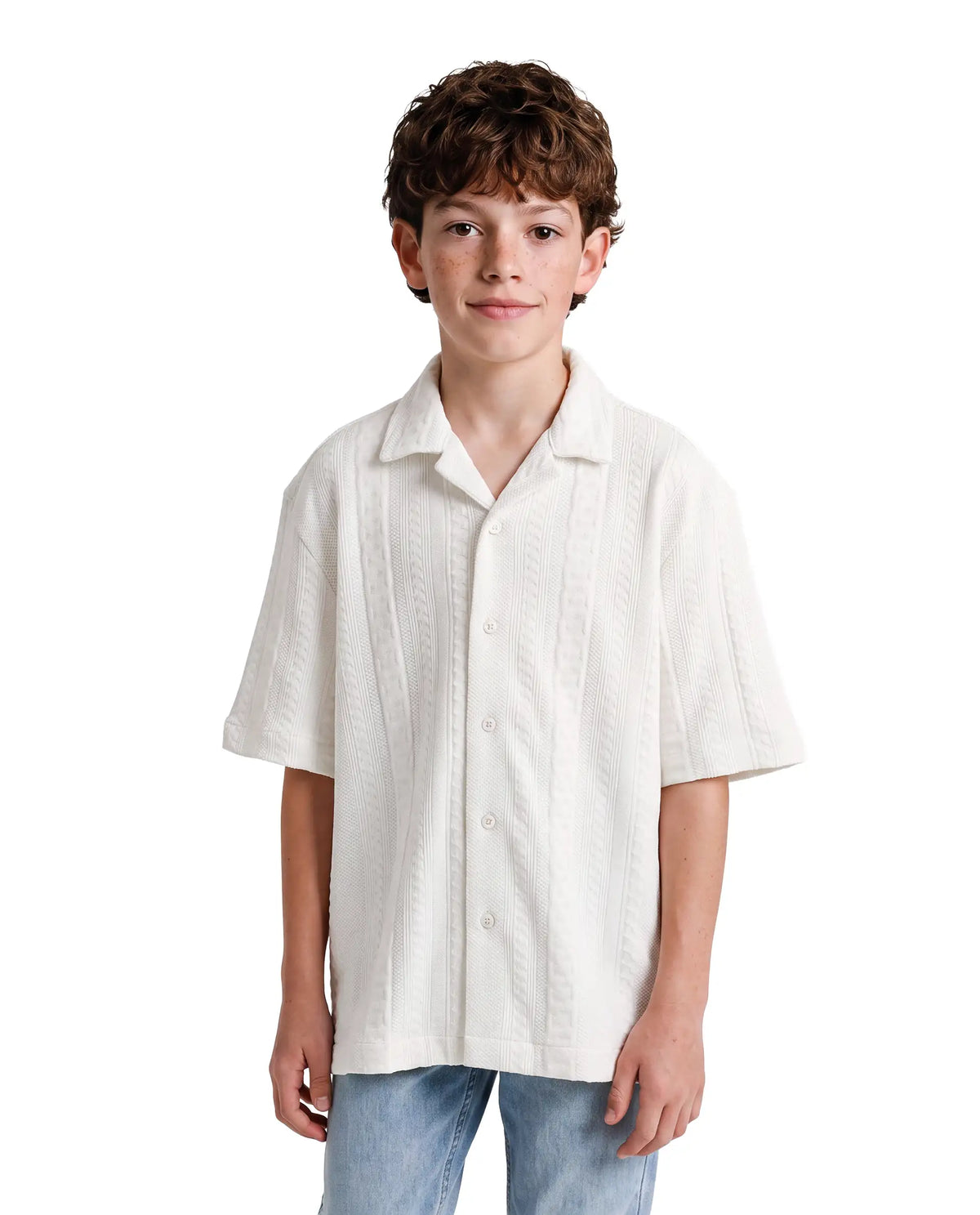 Rare Ones Kids Lyra White Cotton Fabric Cuban Collar Button Closure Regular Shirt
