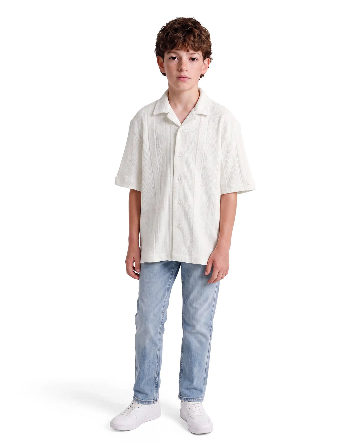 Rare Ones Kids Lyra White Cotton Fabric Cuban Collar Button Closure Regular Shirt