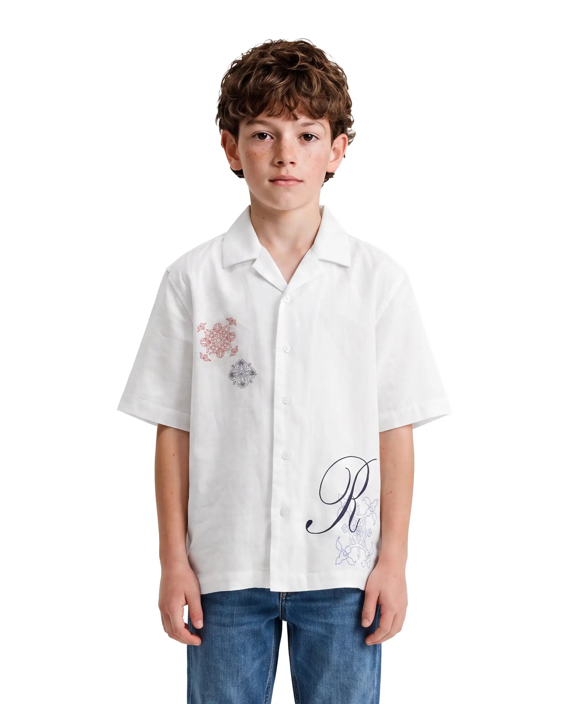 Rare Ones Kids Isla-26 White Cotton Fabric Button Closure Regular Fit Embroidered Shirt