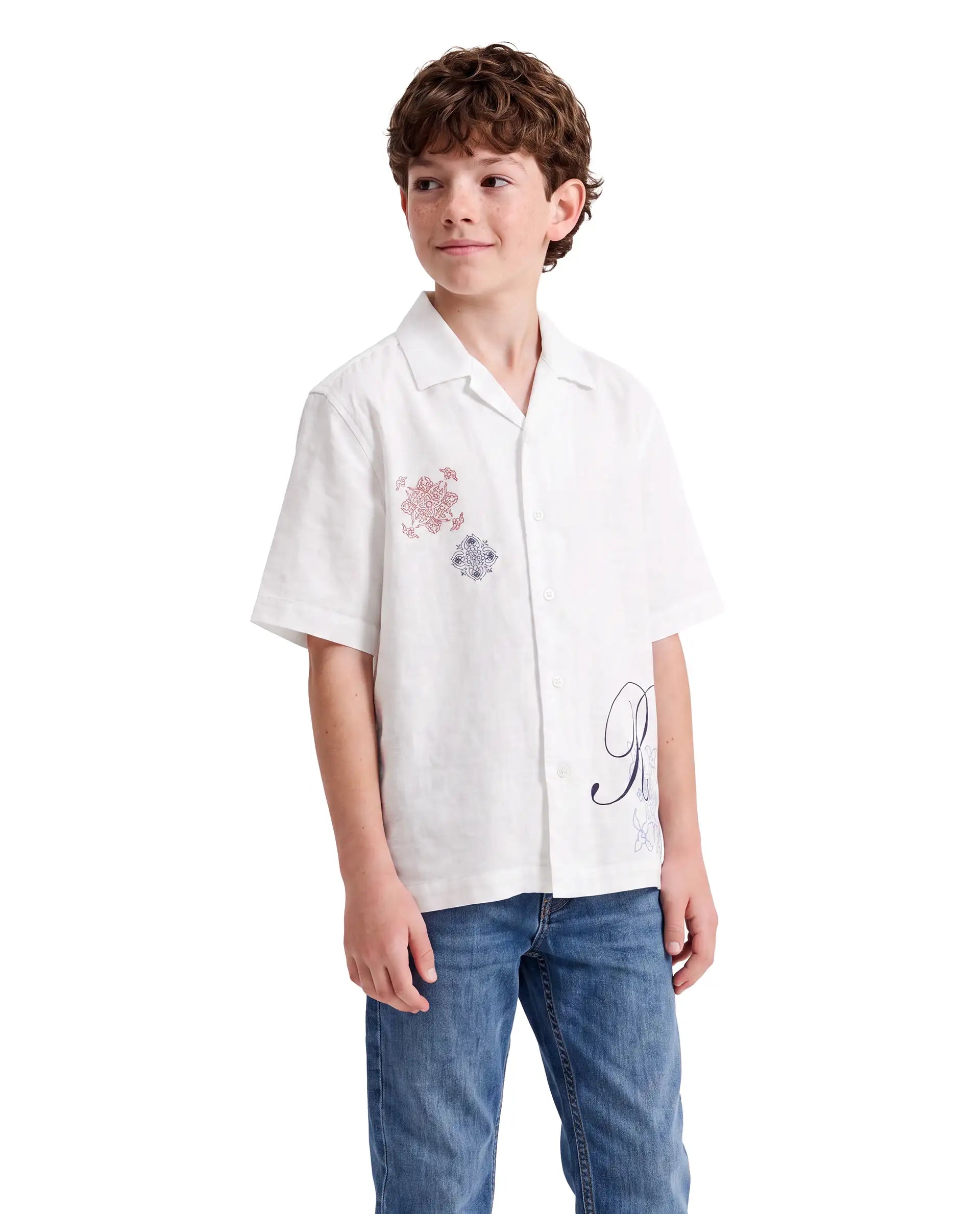 Rare Ones Kids Isla-26 White Cotton Fabric Button Closure Regular Fit Embroidered Shirt
