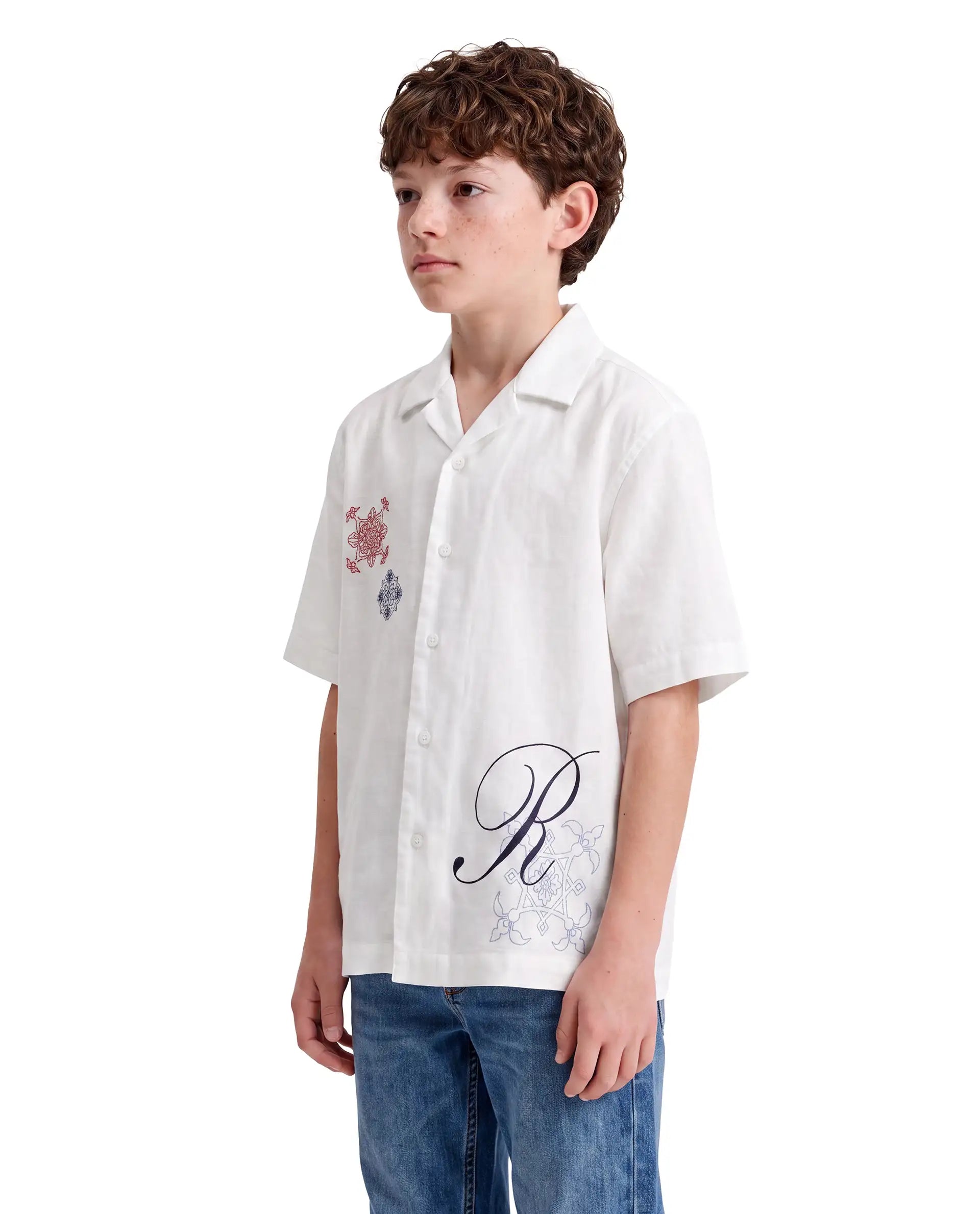 Rare Ones Kids Isla-26 White Cotton Fabric Button Closure Regular Fit Embroidered Shirt