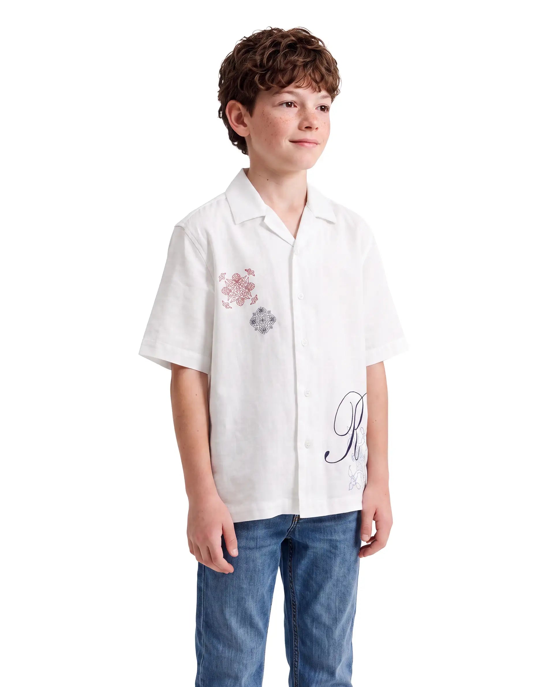 Rare Ones Kids Isla-26 White Cotton Fabric Button Closure Regular Fit Embroidered Shirt