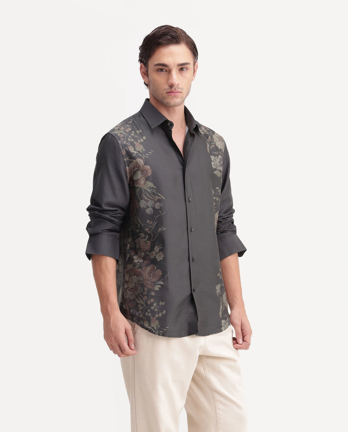 Rare Rabbit Men's Yavi Black Cotton Blend Spread Collar Regular Floral Print Shirt