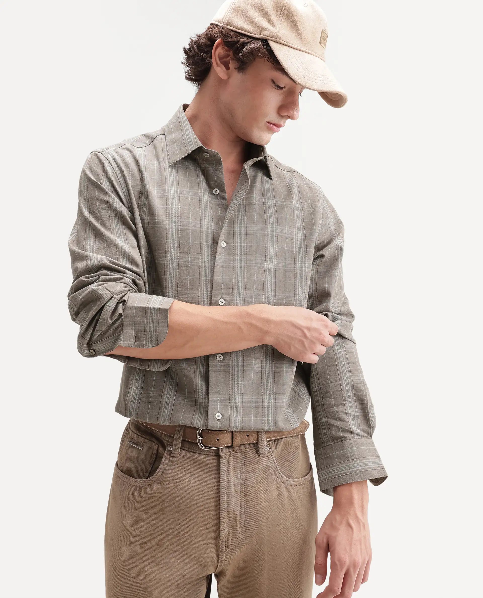 Rare Rabbit Men's Toko Beige Cotton Spread Collar Regular Checked Shirt