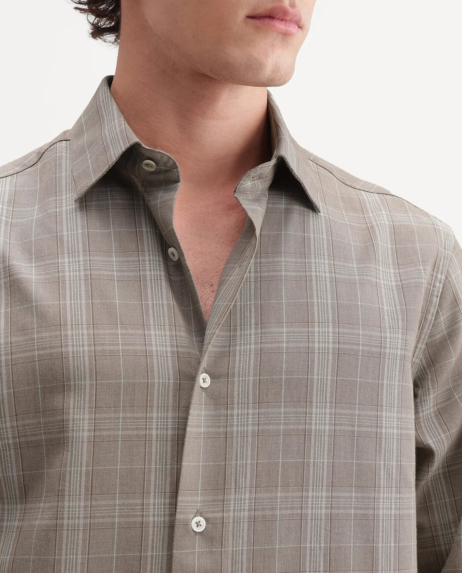 Rare Rabbit Men's Toko Beige Cotton Spread Collar Regular Checked Shirt