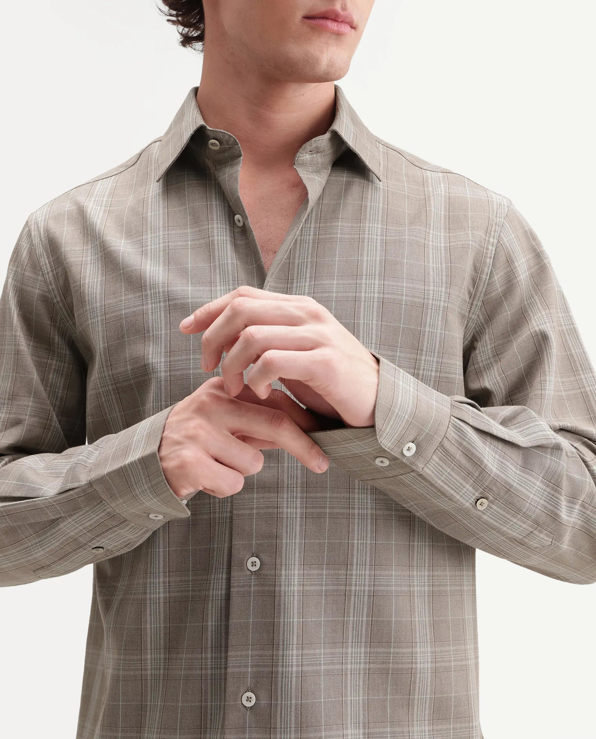 Rare Rabbit Men's Toko Beige Cotton Spread Collar Regular Checked Shirt